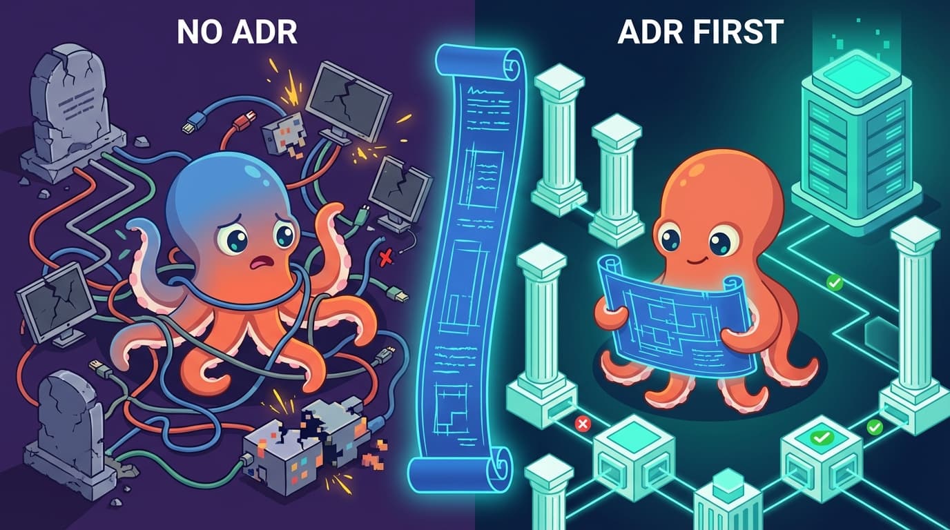 Split panel — left: a blue stressed octopus tangled in spaghetti wires and broken screens with no ADR. Right: a coral confident octopus holding a glowing blueprint amid clean architecture pillars
