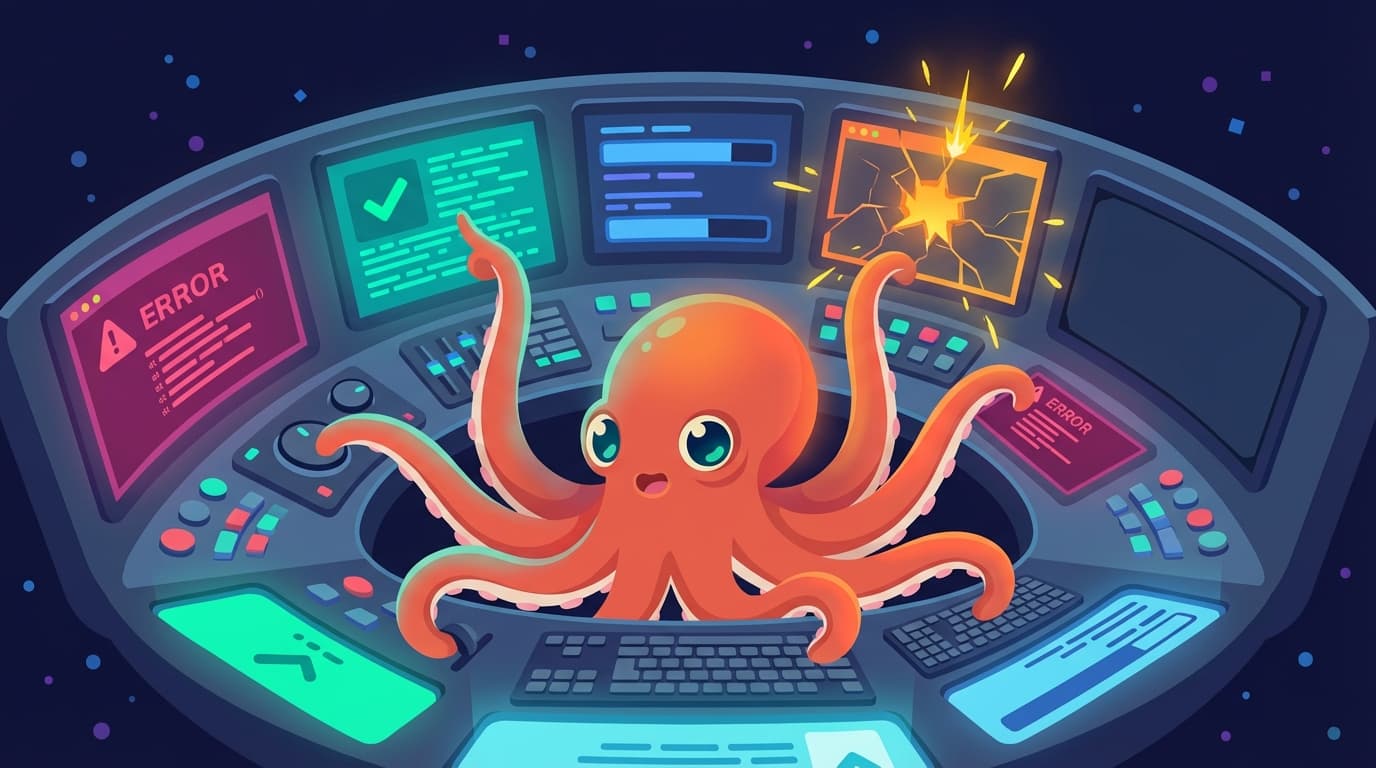 A coral octopus at a massive curved mission-control panel, eight tentacles each operating a different screen — some showing teal checkmarks, others magenta errors, one cracked with sparks