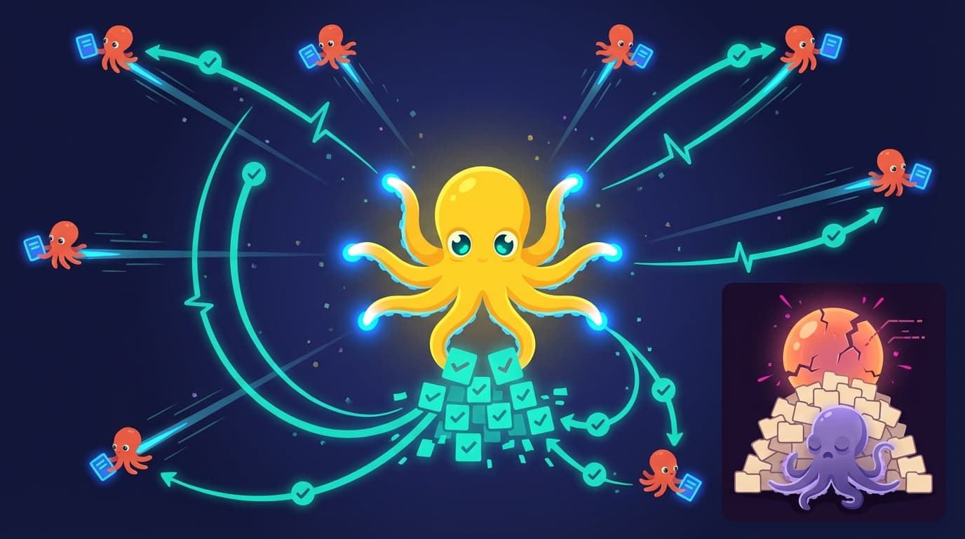 A golden orchestrator octopus dispatching mini octopi with clipboards in all directions via glowing teal arrows, while one exhausted purple octopus sits buried under a pile of unfinished work in the corner