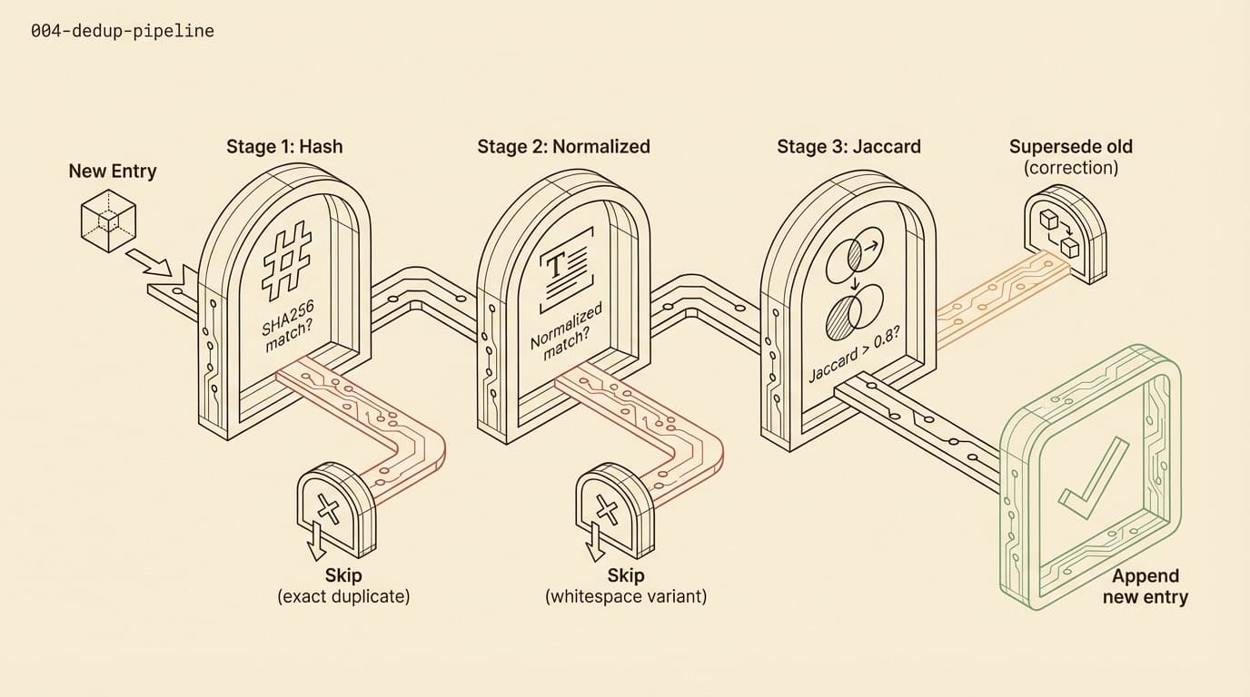 3-stage dedup pipeline: cosine similarity gate, SHA256 keyed TTL dedup, Jaccard text overlap correction