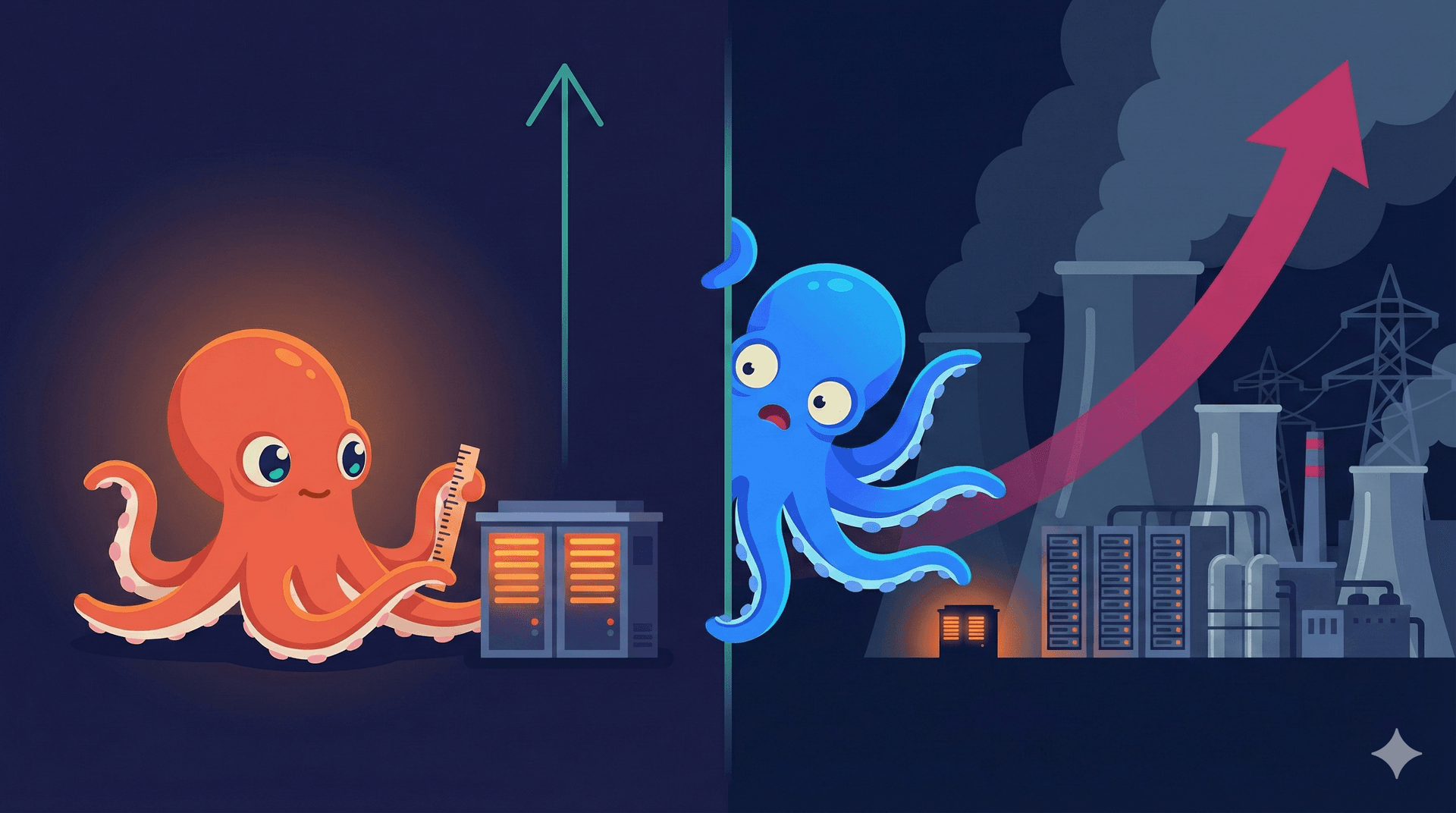 Split panel — a small octopus carefully measuring a modest server rack versus a massive blue octopus dwarfed by exploding data center infrastructure and a rising growth curve