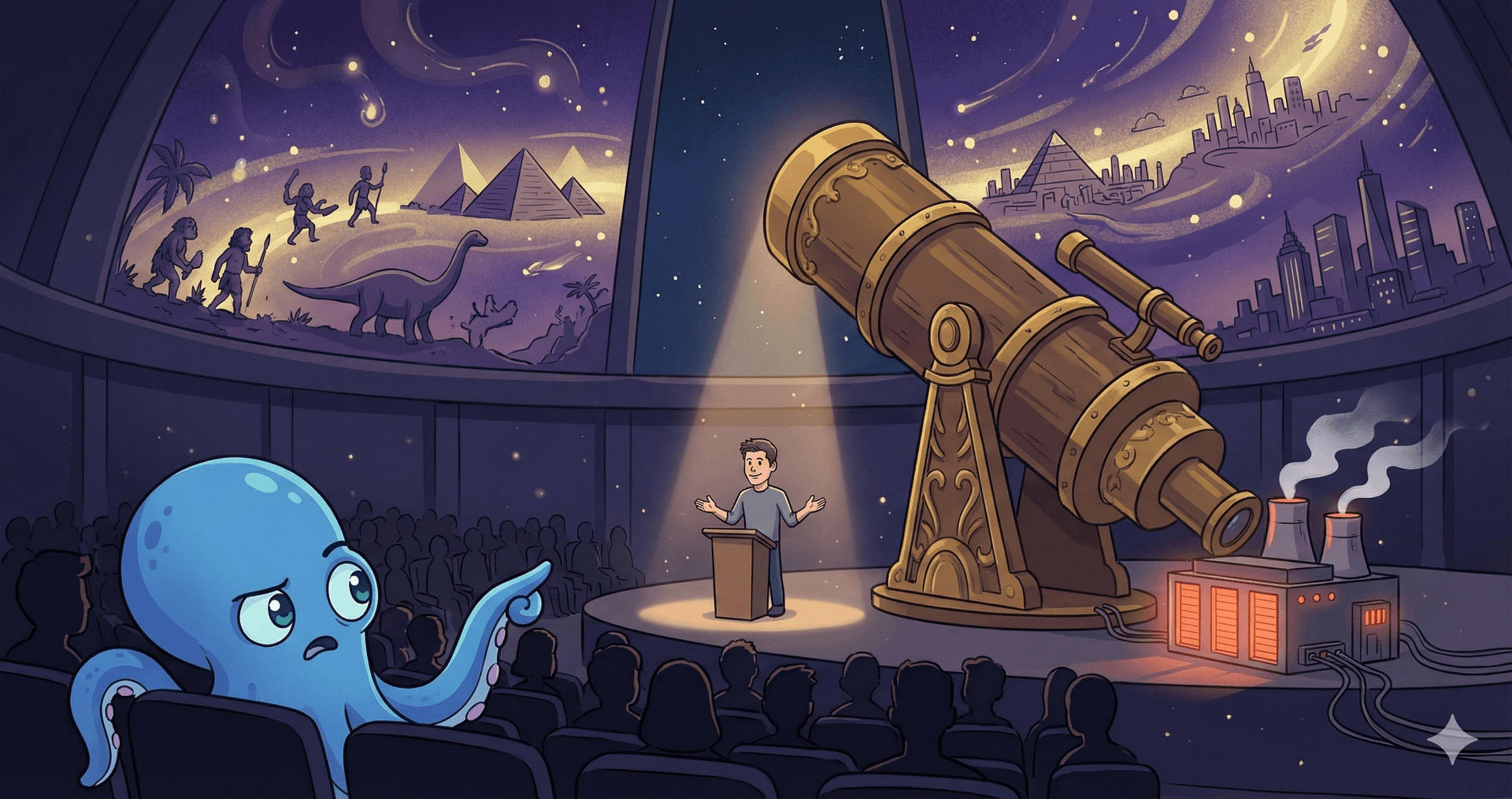 Sam Altman at a podium presenting evolutionary history as justification for AI energy costs, while a skeptical octopus watches from the audience
