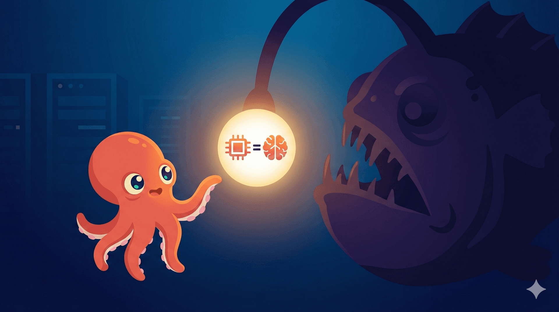 An octopus drawn toward a glowing anglerfish lure showing AI equals brain — the beautiful promise hiding the real cost