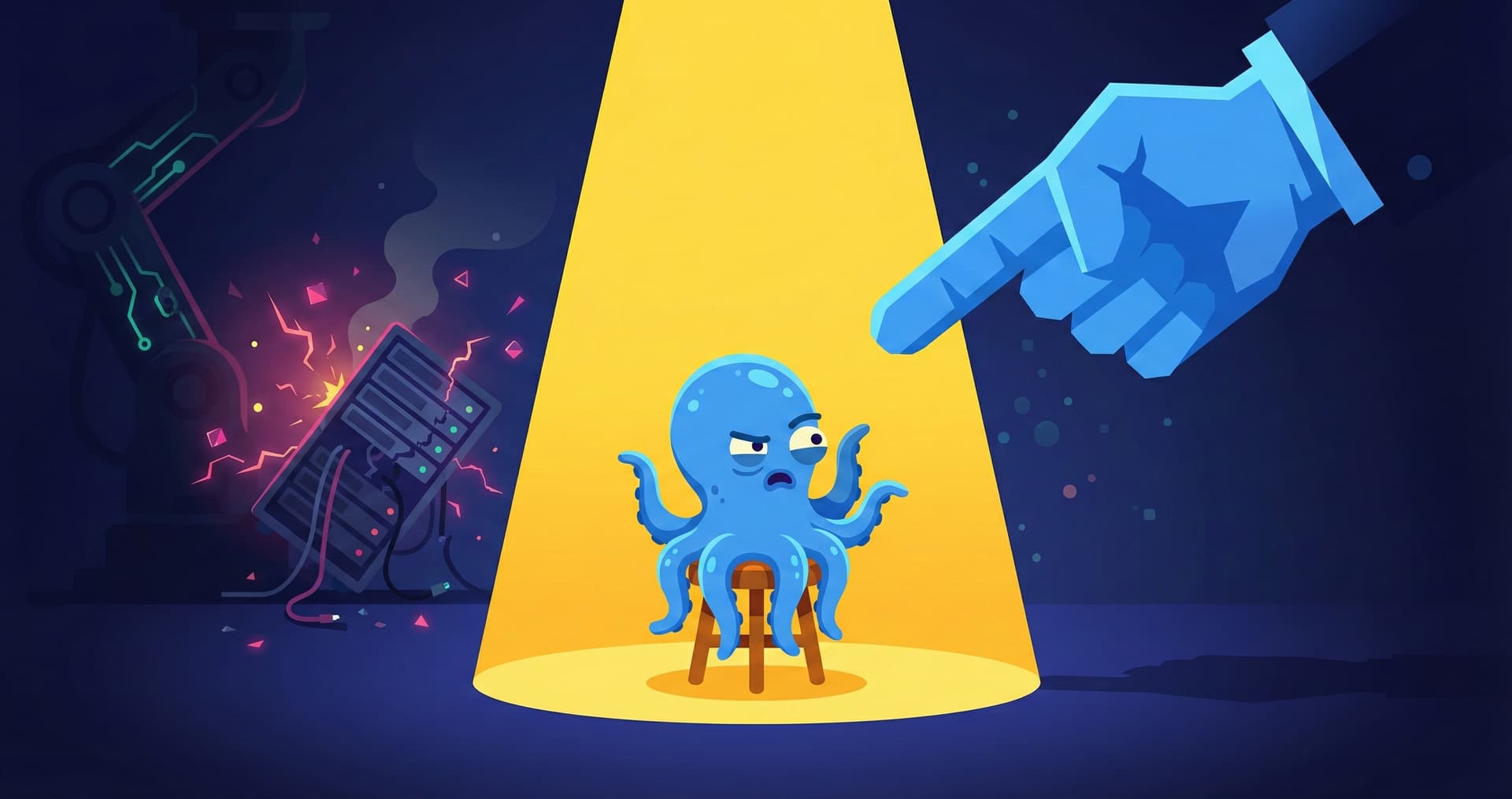 An octopus in an interrogation spotlight, accused by a pointing hand, while a server crashes in the background