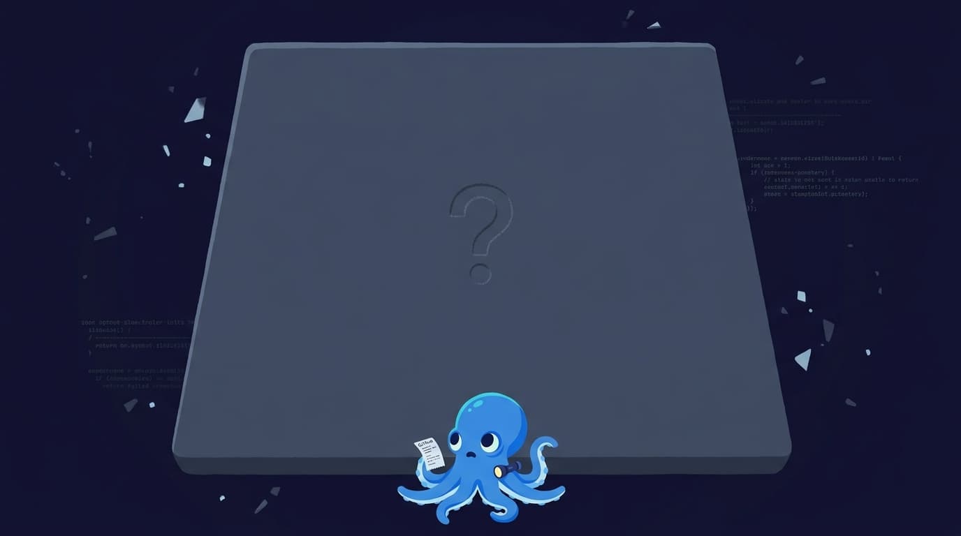 The octopus mascot stands tiny at the base of an enormous sealed vault door. No handle, no window, no keyhole — only a faint question mark etched at the door's center. The command exists. Its behavior does not.
