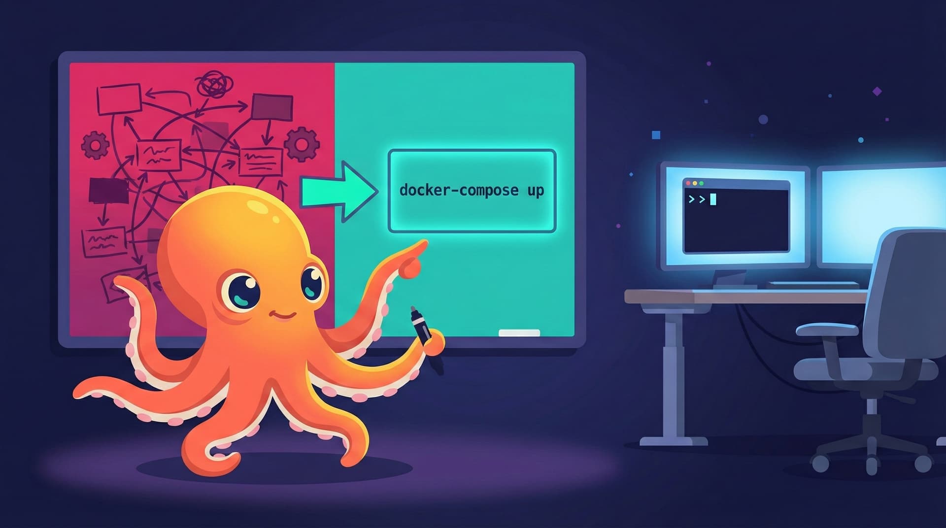 An octopus pointing from a tangled architecture diagram to a clean docker-compose up command — before and after containerization