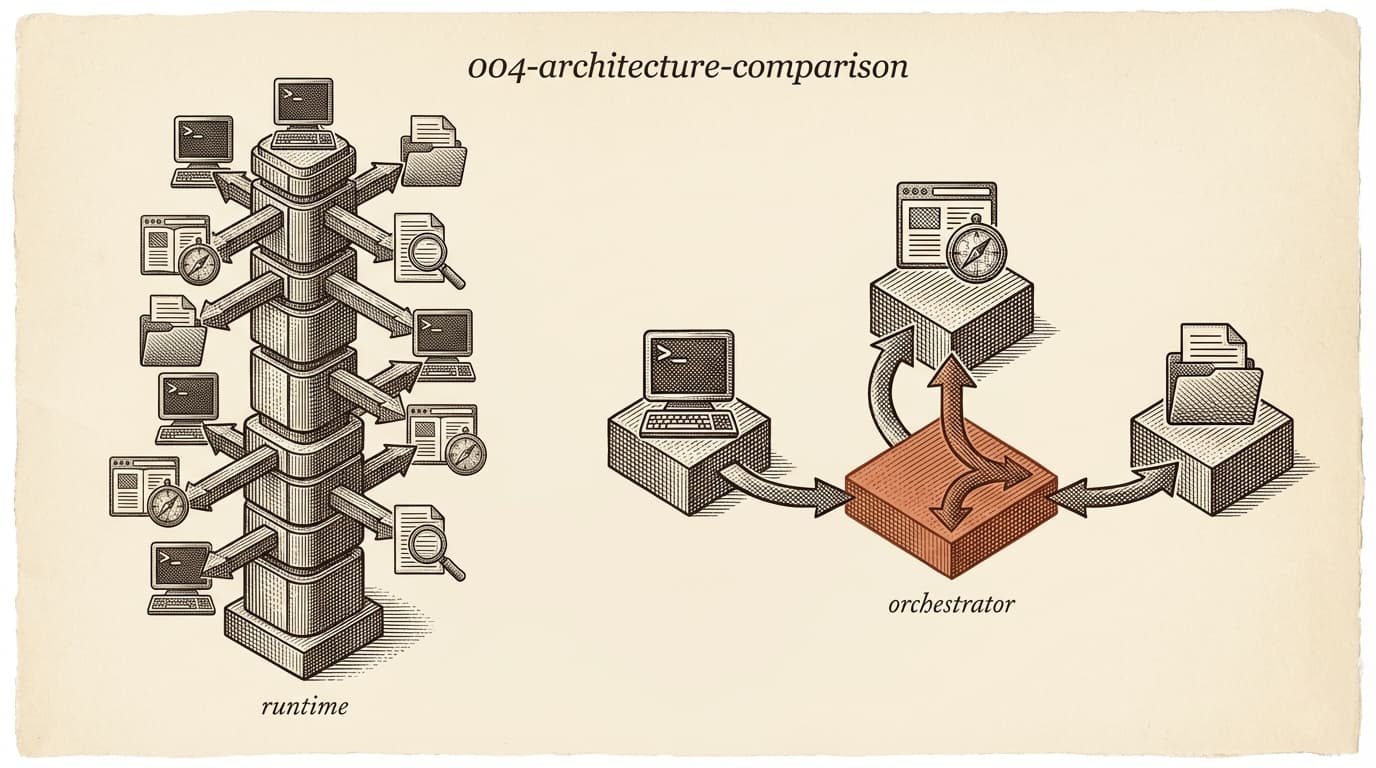Intaglio engraving showing two architectural diagrams — left side shows a single tall column with many horizontal arms branching off it labeled runtime, right side shows three separate stations connected through a terracotta orchestrator node