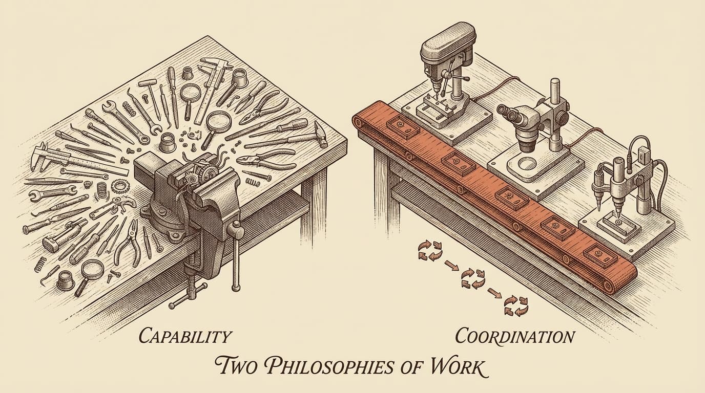 Intaglio engraving of two workbenches viewed from above — one densely packed with precision tools around a central vise, the other with three stations connected by a terracotta conveyor belt