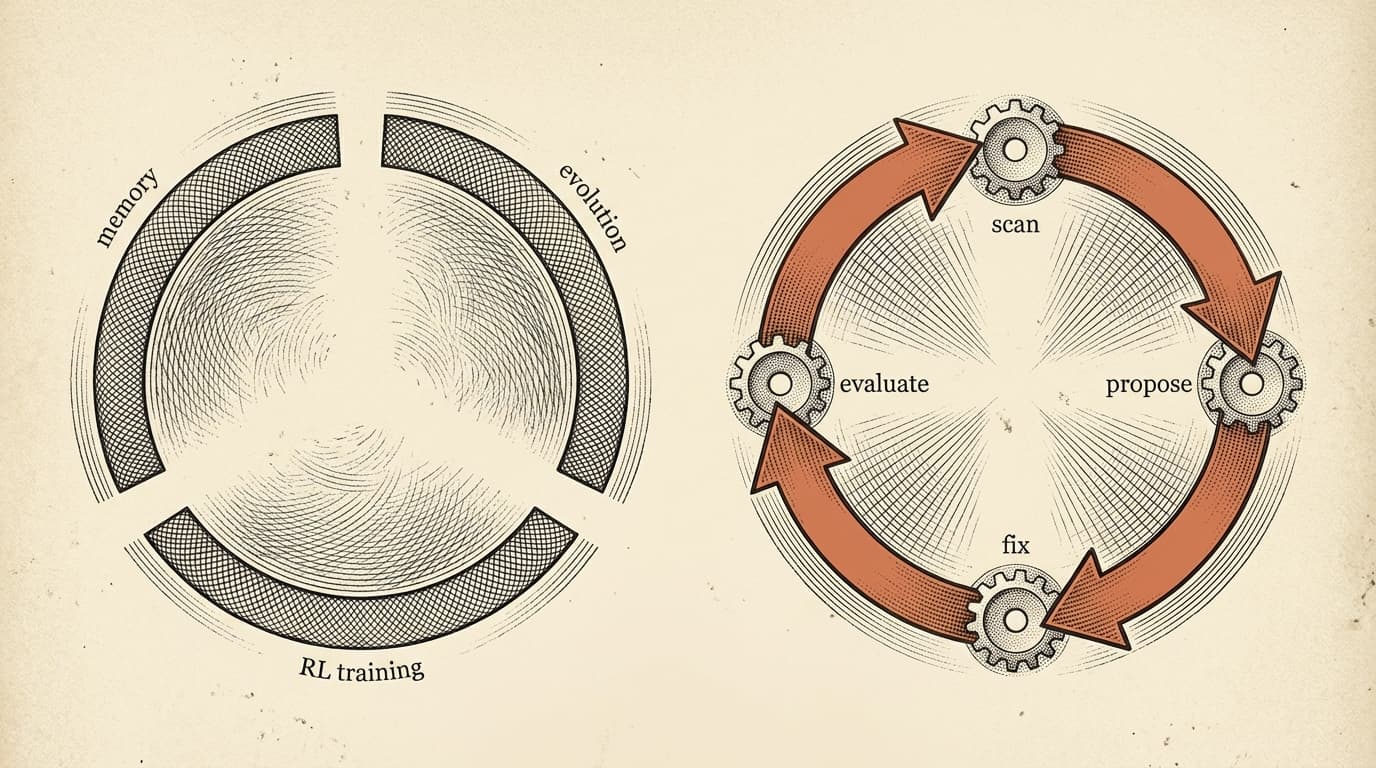 Intaglio engraving of two circular diagrams side by side — left circle shows three disconnected arcs labeled memory, evolution, RL with gaps between them, right circle is a complete closed loop with four nodes connected by terracotta arrows labeled scan, propose, fix, evaluate