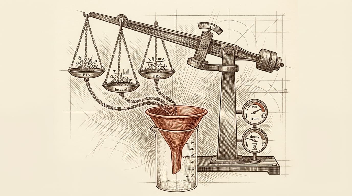 Intaglio engraving of a balance scale with three weighted pans hanging from crosshatched chains — labeled FTS, Jaccard, and HRR — feeding into a single terracotta funnel at the bottom that drips into a graduated cylinder showing a final score
