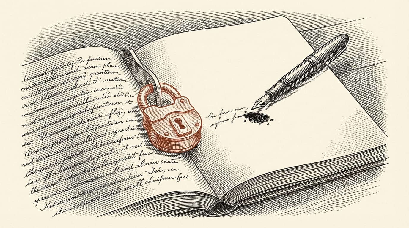 Intaglio engraving of an open notebook lying flat — left page filled with dense handwritten text and a terracotta padlock clamped to its edge, right page blank with a fountain pen resting diagonally, ink pooling at the nib