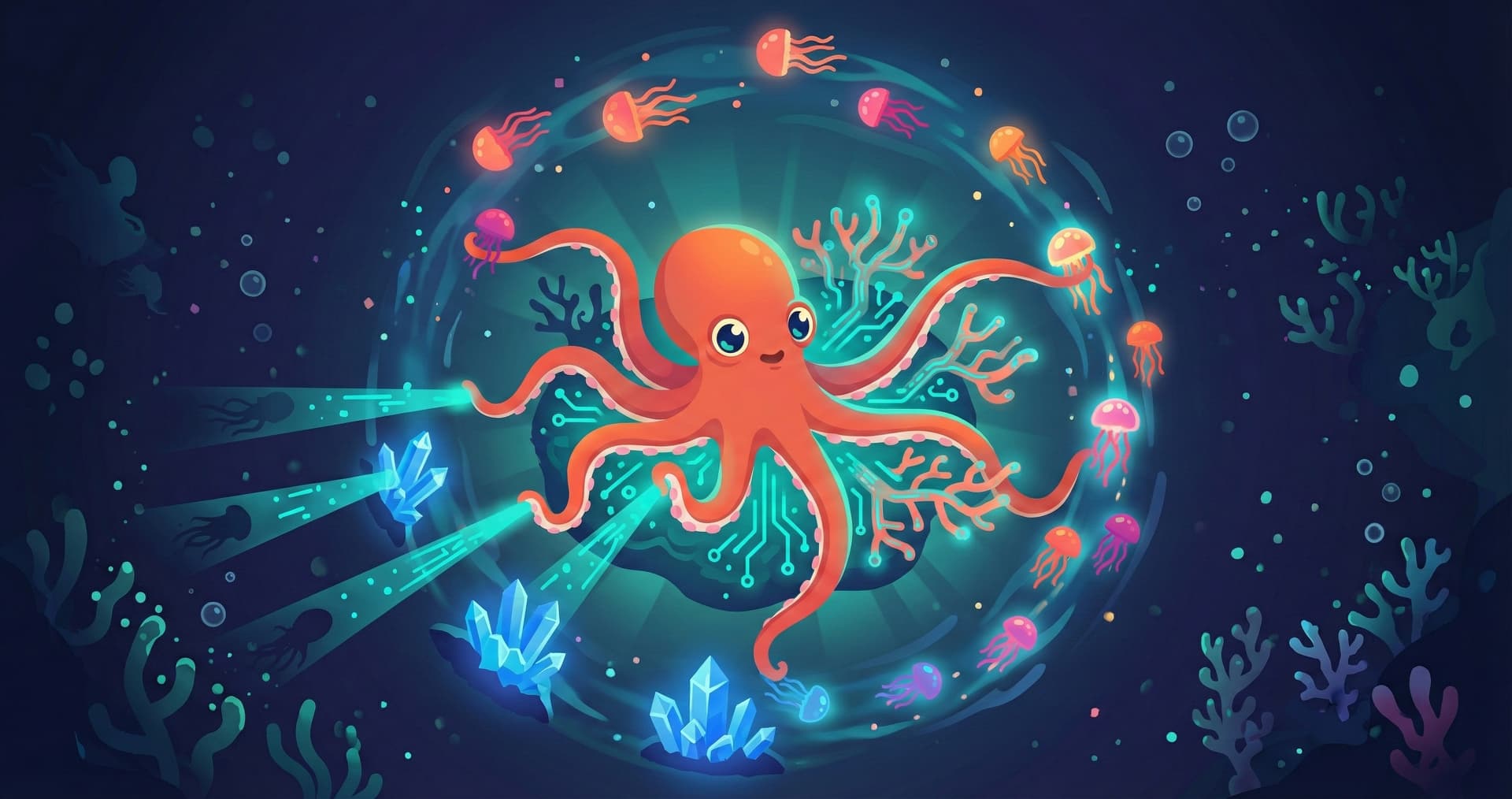 An octopus at the center of a glowing orbital feedback loop with jellyfish and circuit tendrils — the working memory system