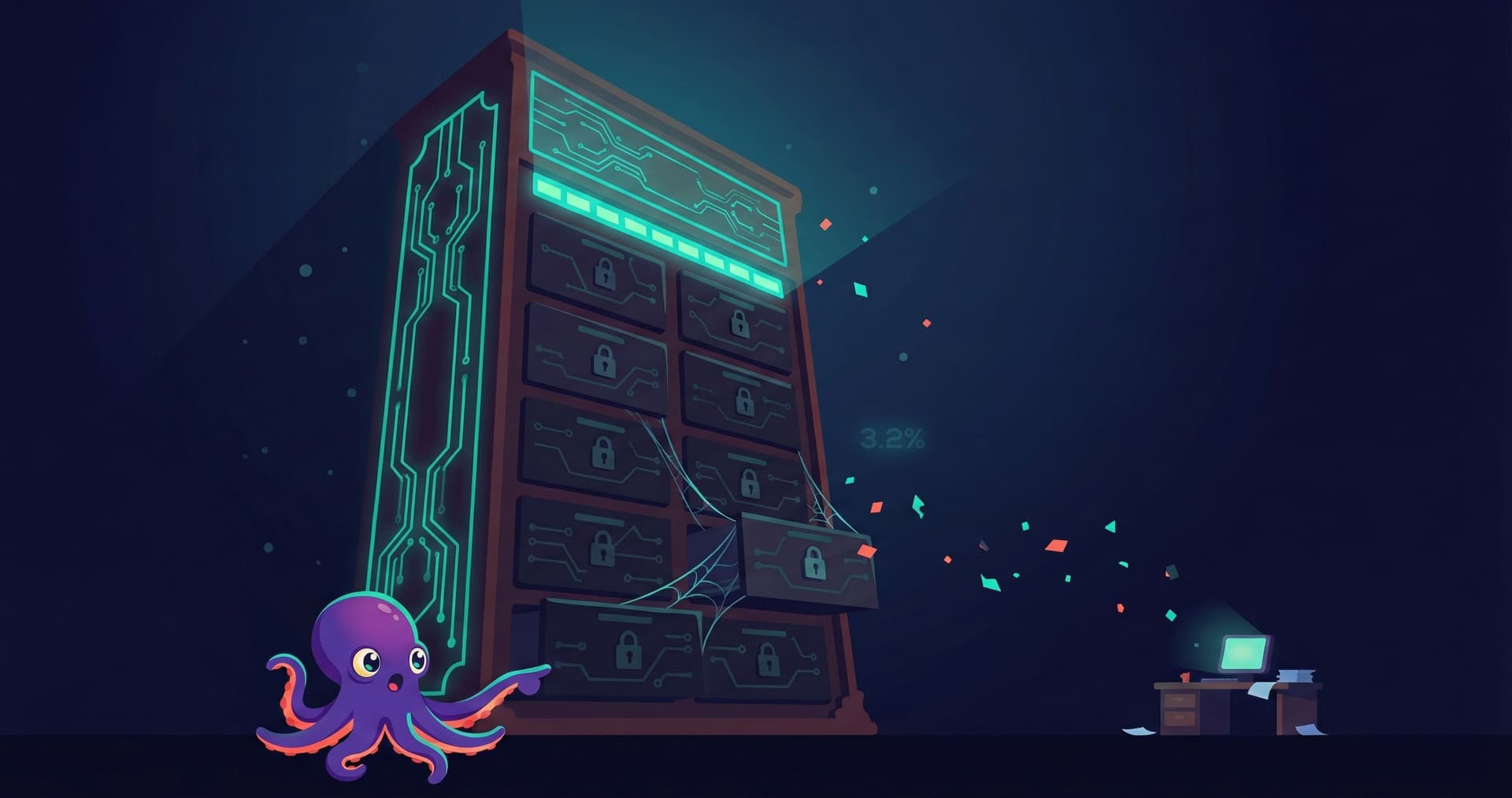 An octopus pointing at a massive locked filing cabinet covered in cobwebs with 3.2% floating beside it — the broken retrieval system