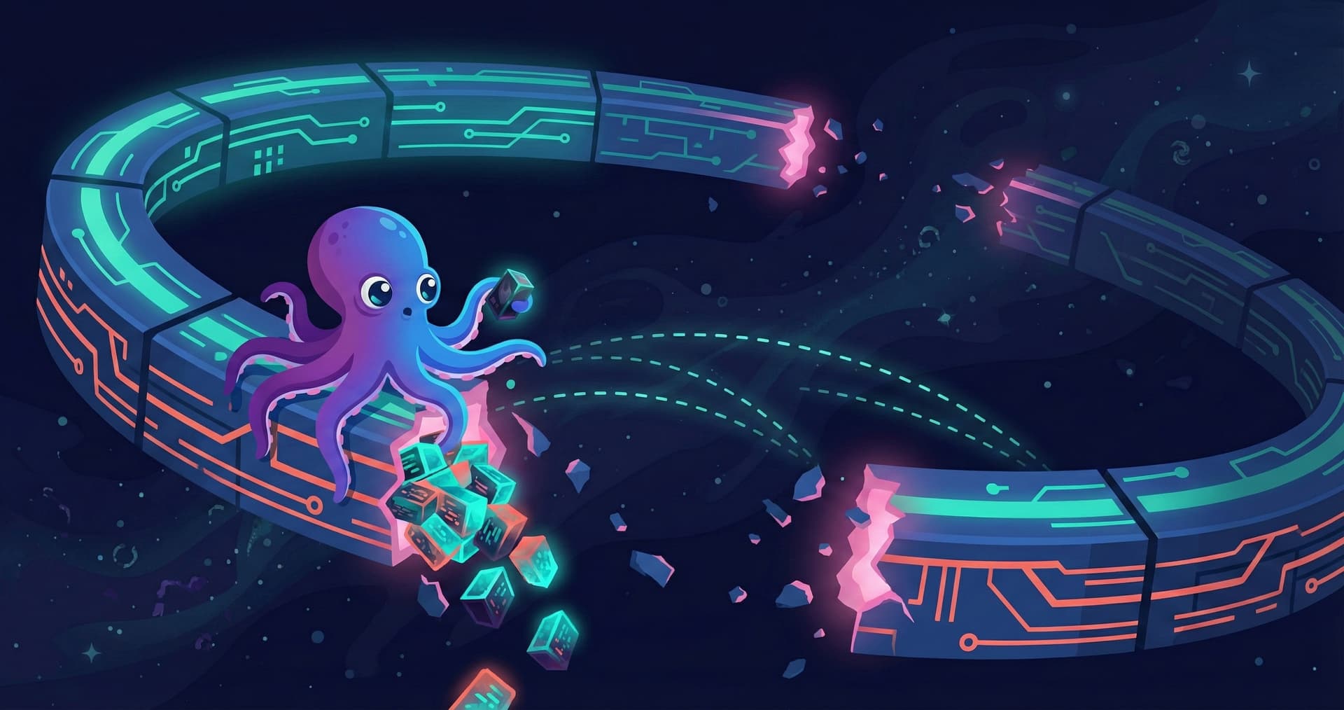 An octopus on a broken circuit ring with data blocks scattering into space — the memory loop that doesn't complete