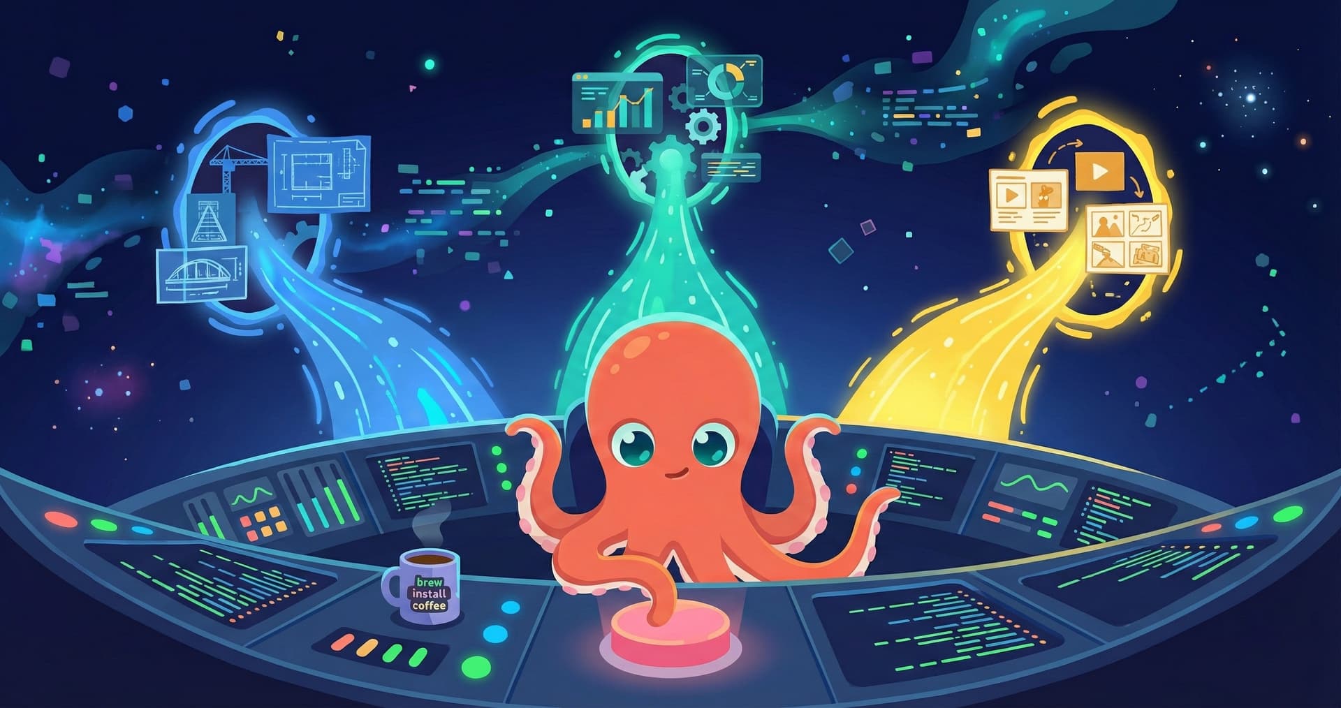 An octopus at a mission control console dispatching three parallel agent streams — architecture, analytics, and content — with a 'brew install coffee' mug
