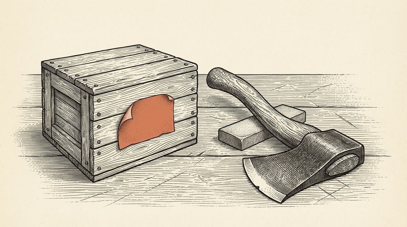 An intaglio engraving of a terracotta box sitting on a workbench beside a sharpened axe, a small paper label half-attached to the side of the box — the label is the missing piece