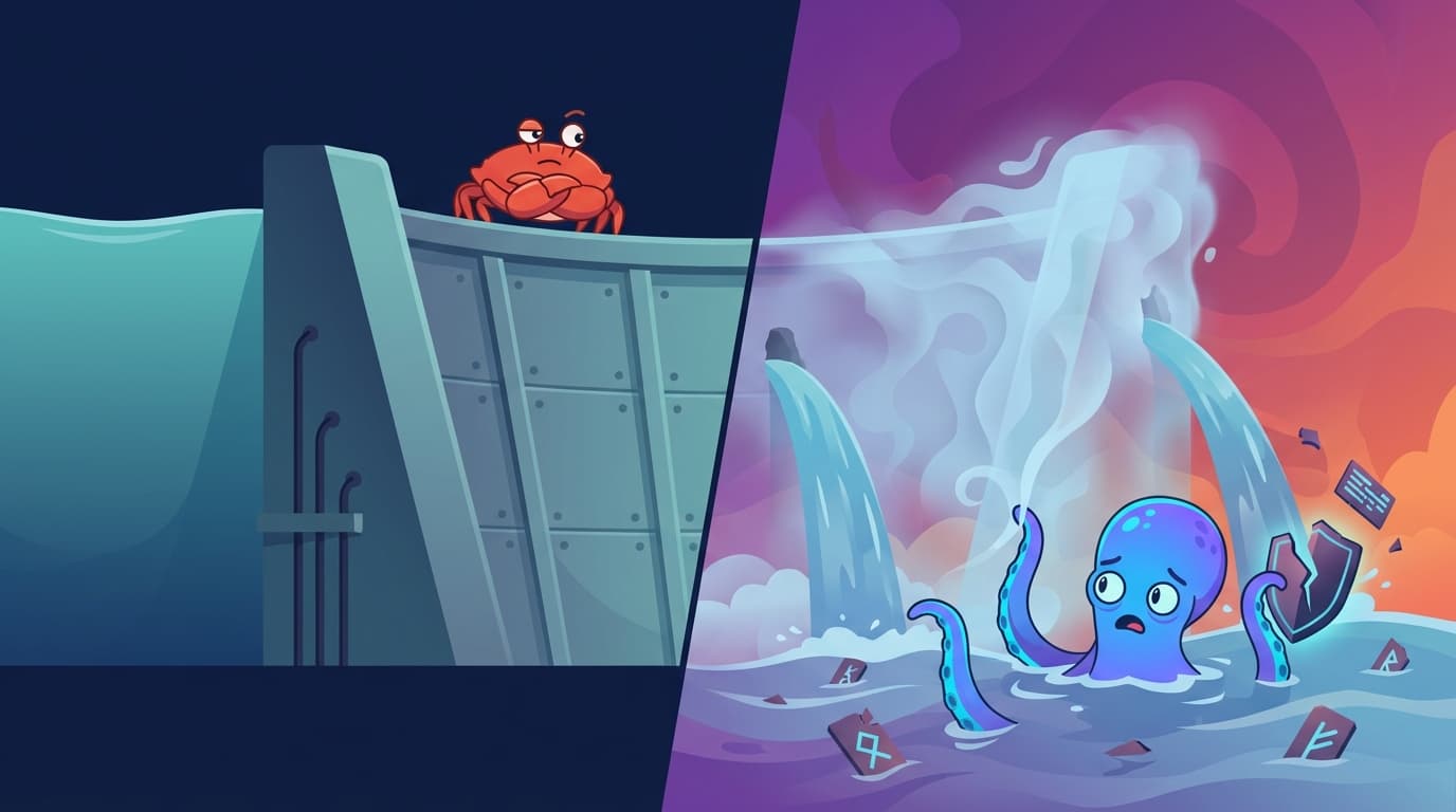 A dam made of mist — probabilistic guardrails trying to hold back a deterministic flood of adversarial inputs