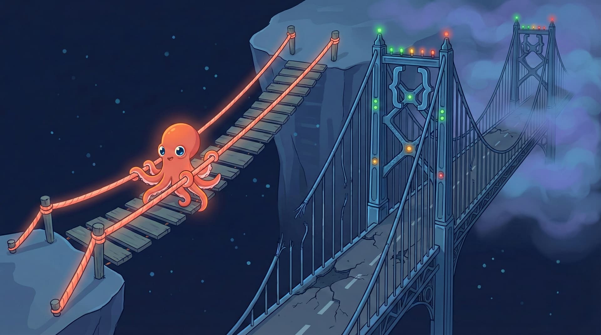 An octopus crossing a simple rope bridge toward an elaborate suspension bridge disappearing into fog