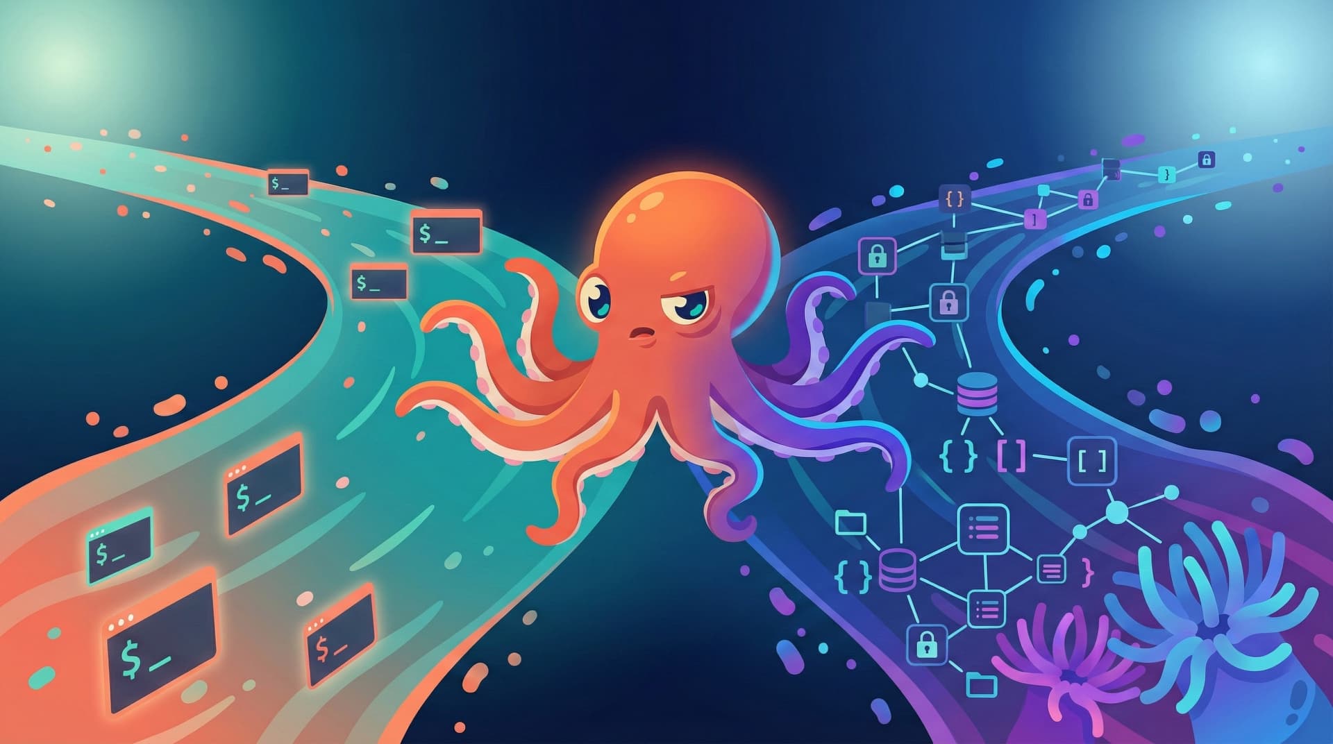 An octopus holding a terminal on the simple side, facing an overengineered smoking gear machine on the MCP side