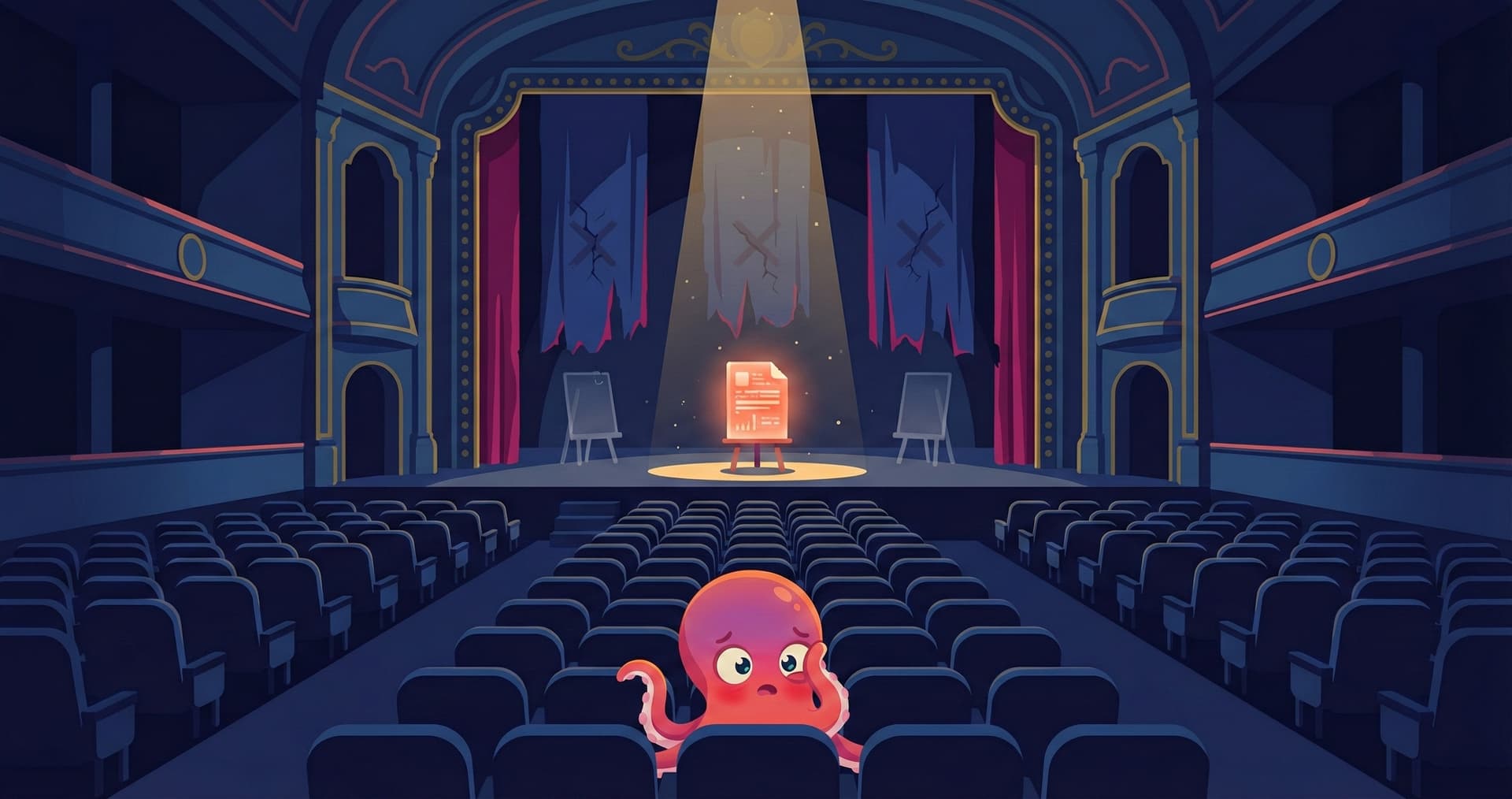 An octopus clinging to a cliff edge while glowing memory orbs drift away unreachable — false evidence of a working system