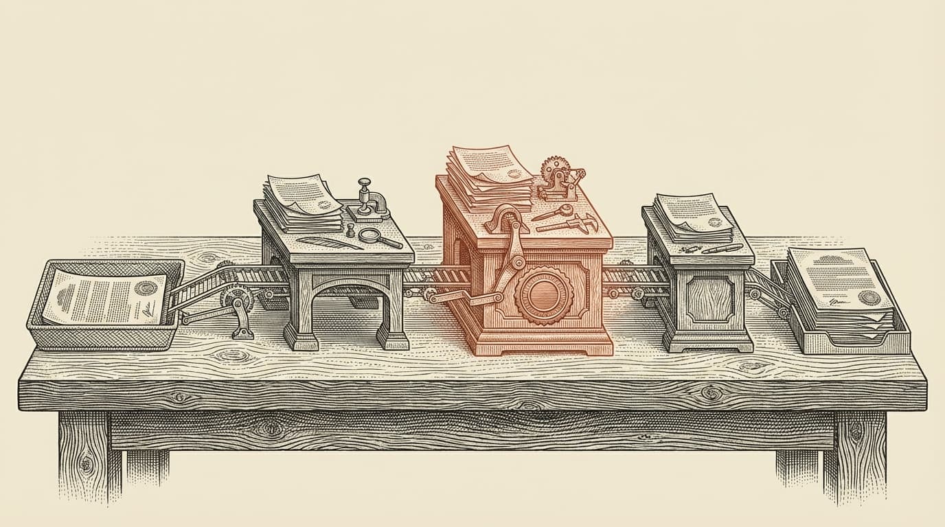 Intaglio engraving of a horizontal workbench with three stations connected by fine mechanical linkages — documents flow left to right through specialist workstations, the center station rendered in terracotta with a quality stamp mark