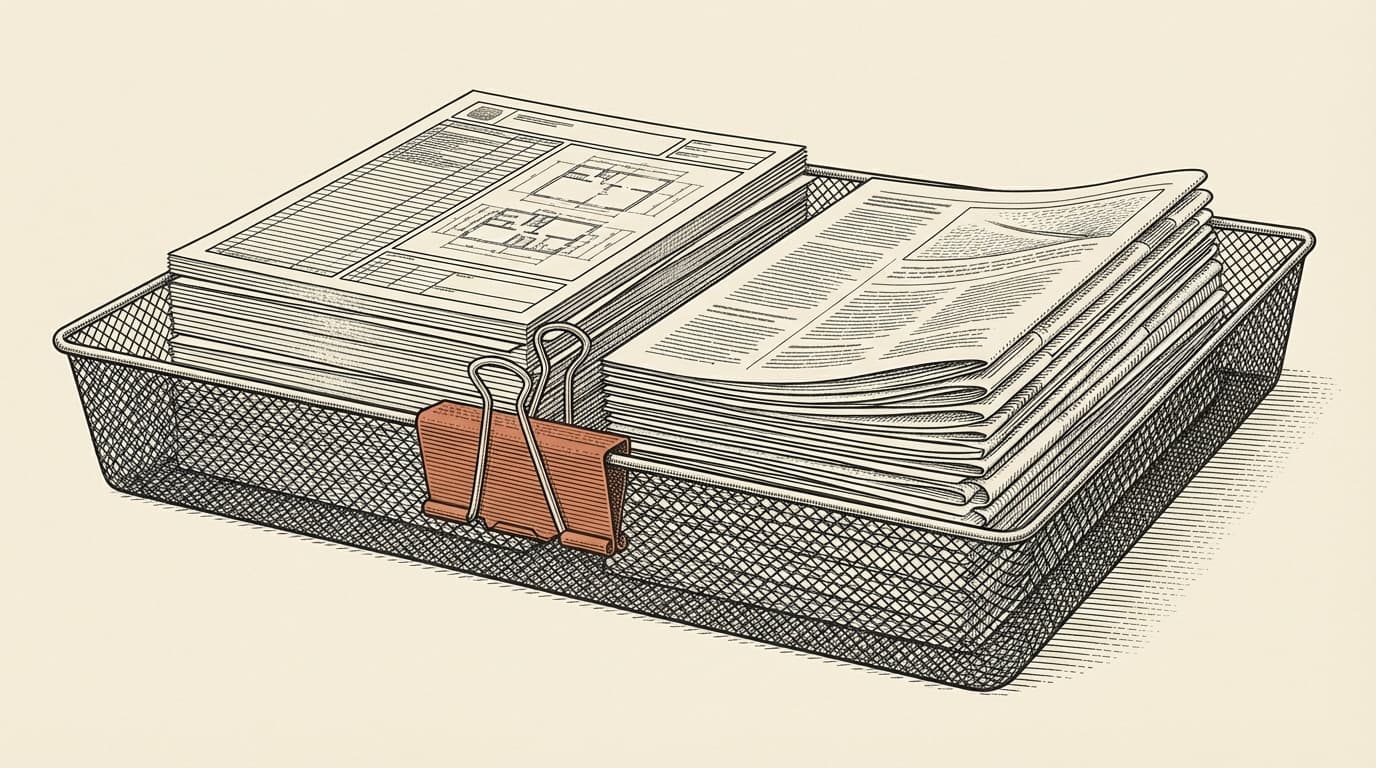 An engraved inbox tray with two neat stacks of documents, each stack labeled, a terracotta paper clip marking the dividing line between them