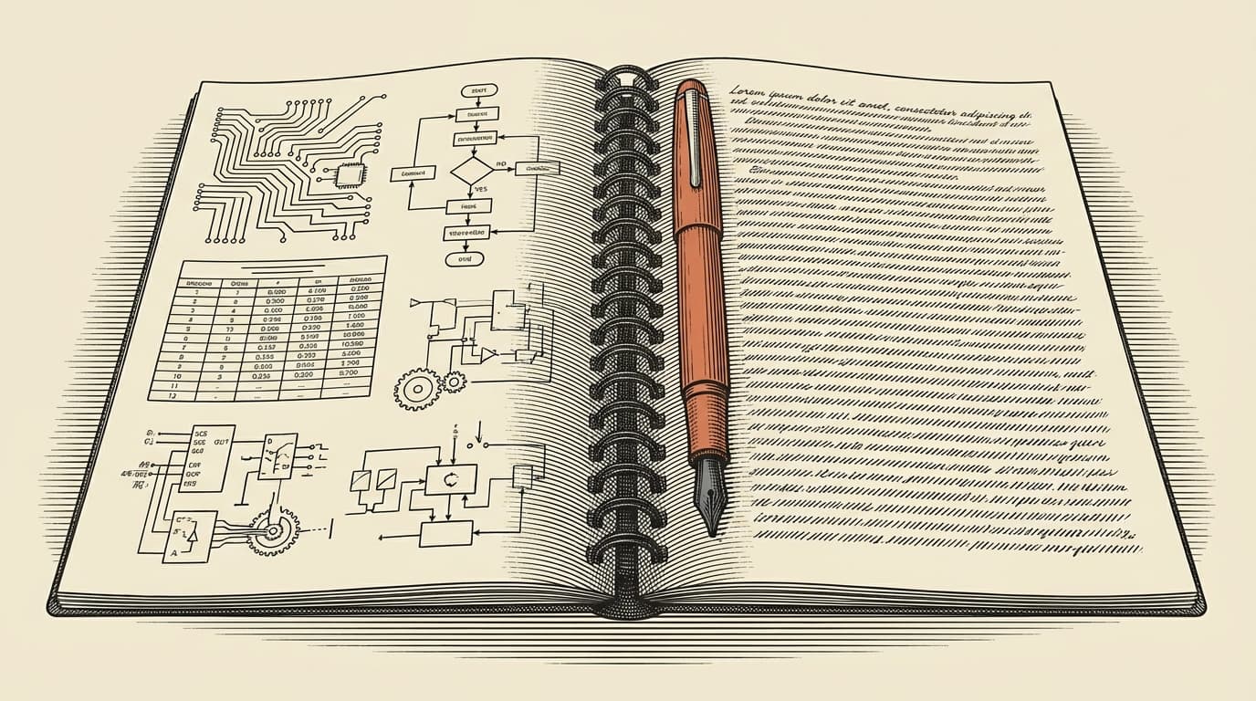 An open notebook on a workbench, left page filled with engraved technical diagrams, right page with handwritten commentary, a terracotta pen resting in the center binding