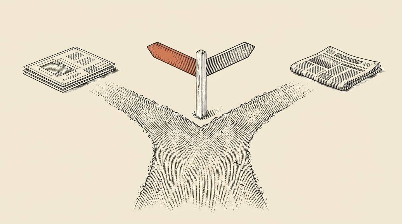 Two engraved paths diverging from a single road, each labeled with a different kind of document, the fork marked with a terracotta signpost