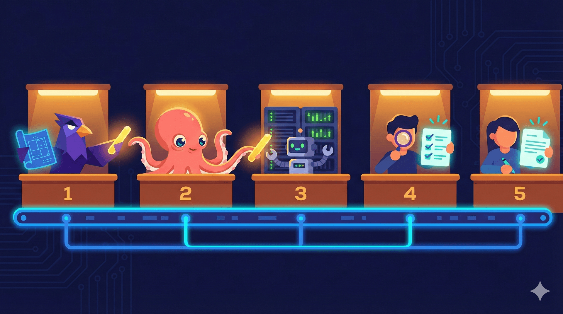 Five numbered workstations — architect, backend-engineer, devops, qa-engineer, technical-writer — connected by a glowing conveyor belt, each specialist ready to receive tasks
