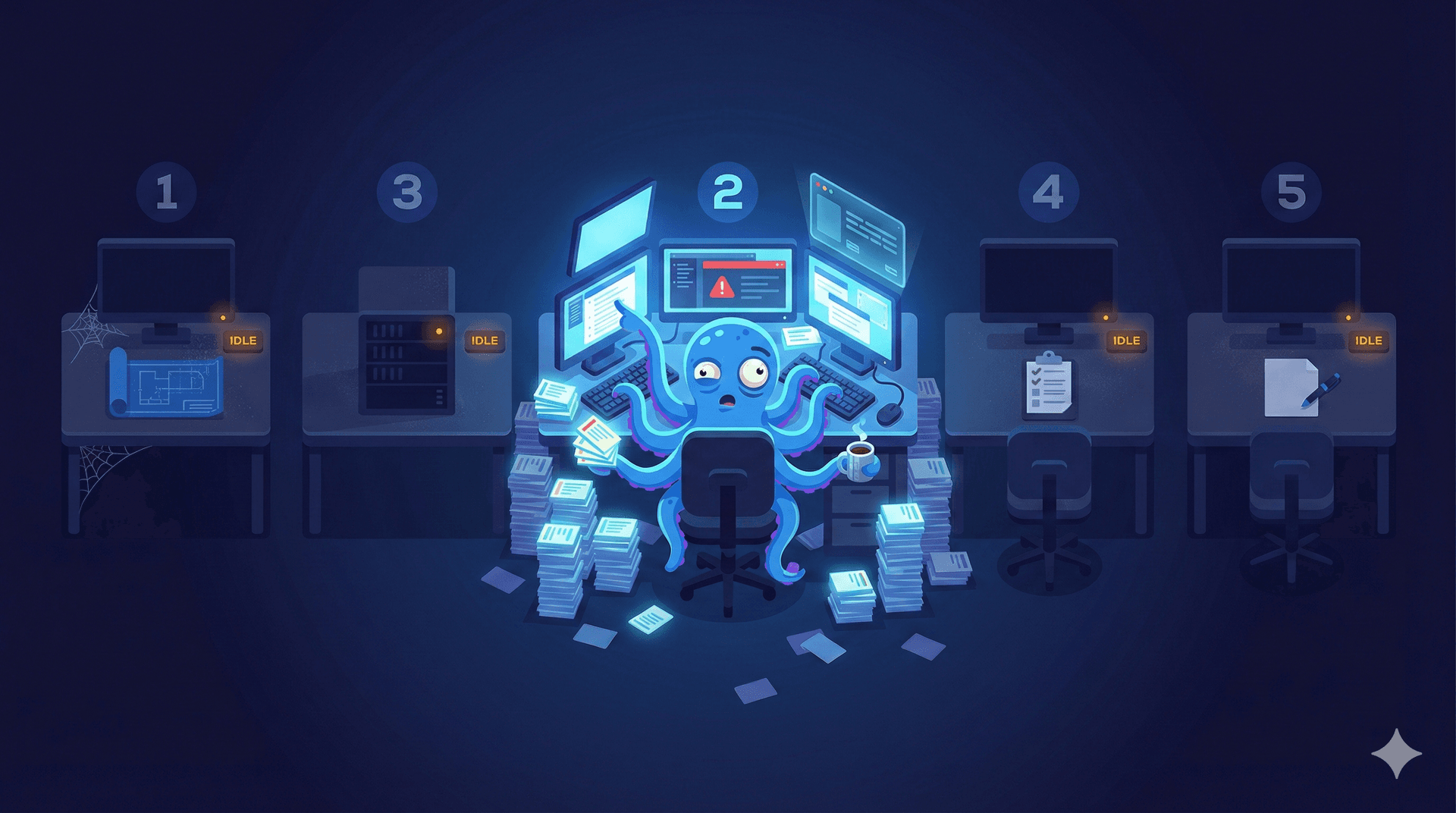 The octopus overwhelmed at station 2 surrounded by stacked tasks and multiple screens while four other workstations sit idle with cobwebs — backend-engineer absorbing all the work