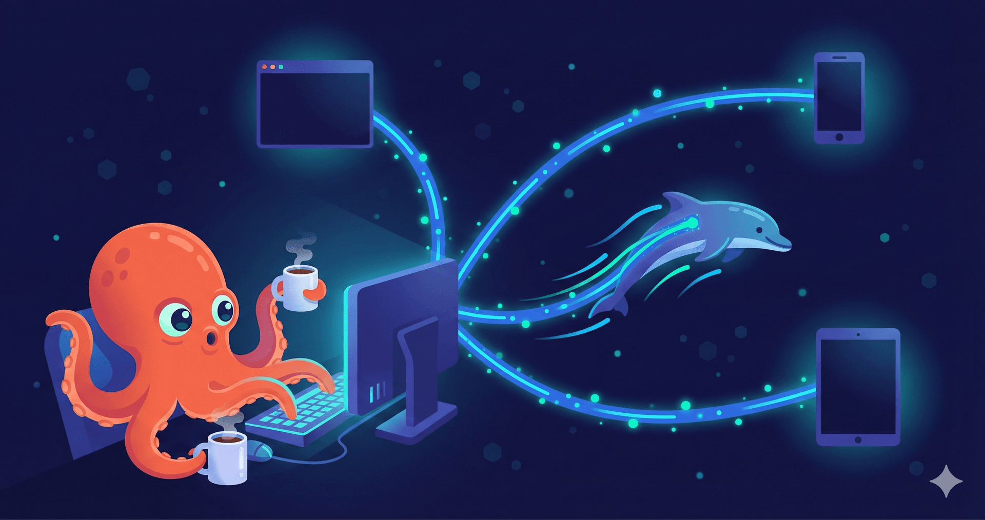 An octopus at a desk with coffee, tentacles on keyboard, while a dolphin carries bioluminescent data streams to a phone, tablet, and browser floating in the deep sea