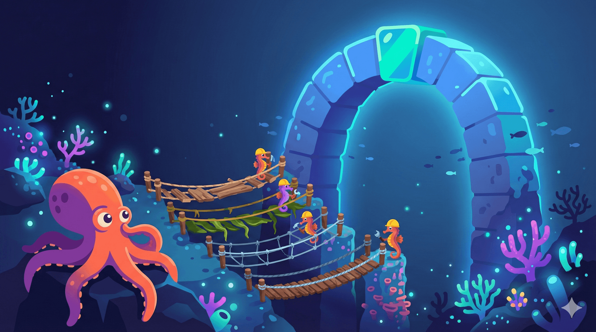 An octopus watching seahorse builders constructing rope bridges to a glowing stone archway with a phone at the top — four independent paths to the same destination