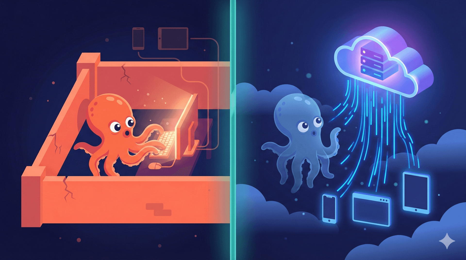 Split panel — left: an orange octopus working inside a cramped local machine box with cracks, connected to devices by wires. Right: a blue octopus floating in the cloud with data raining down to devices below