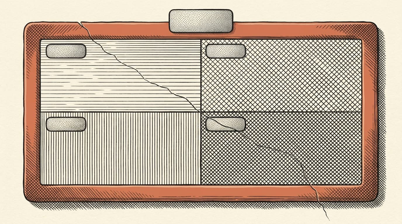 Intaglio engraving on cream paper: a four-quadrant grid. Each quadrant labeled with a small tag rectangle: WORKER SESSIONS, TACIT CORRECT DECISIONS, EXTERNAL CONTEXT, CROSS-CHUNK REASONING. The grid sits inside a larger frame labeled WHAT THE TRANSCRIPT NEVER SAW. A terracotta border surrounds the entire grid, focal to the image, with a single hairline crack running diagonally across all four quadrants.