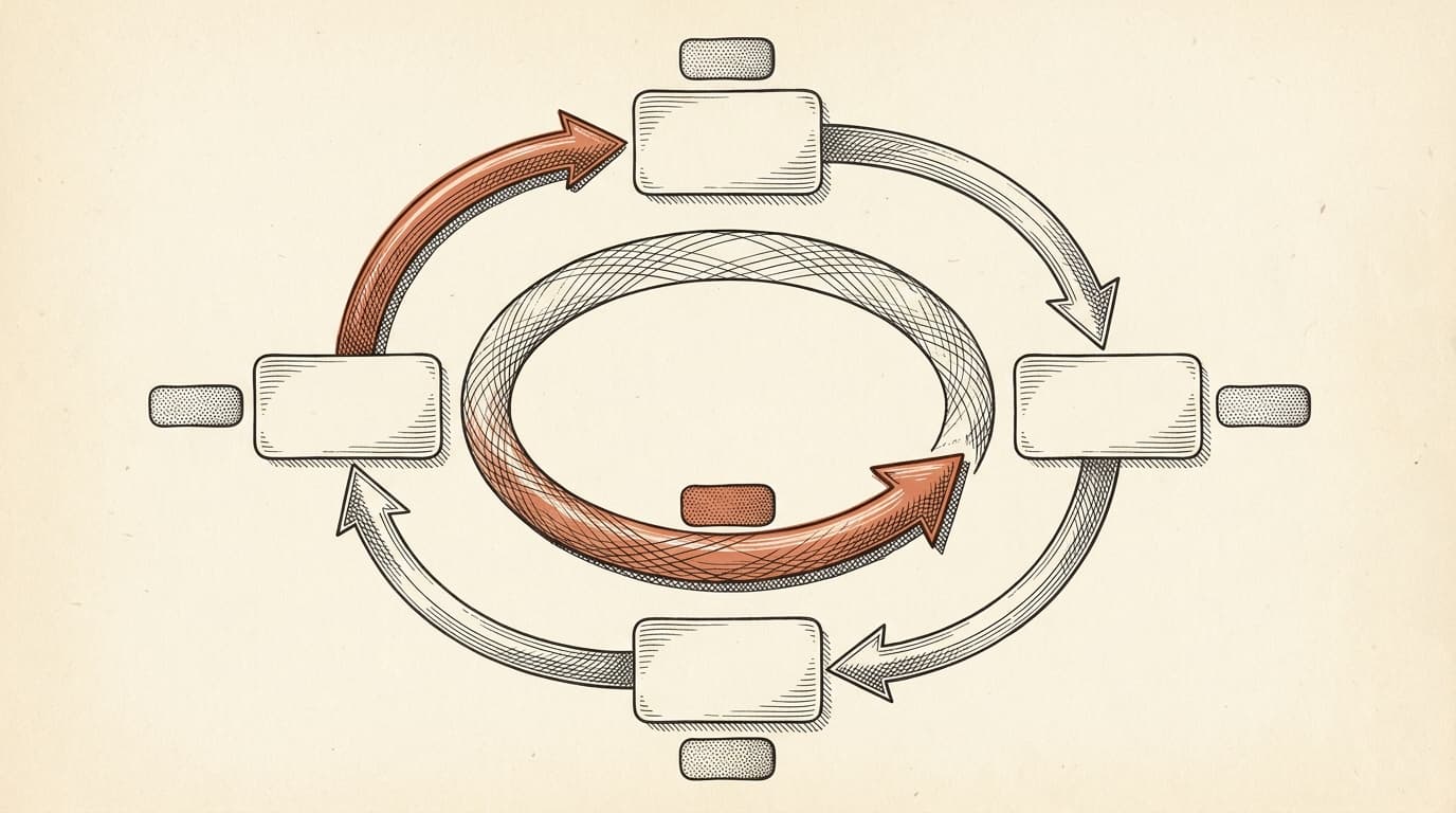 Intaglio engraving on cream paper: a circular flow diagram. Four nodes labeled SESSION CLOSES, DREAM EXTRACTS, DB STORES, PREFLIGHT INJECTS arranged at the cardinal points of a circle. Curved terracotta arrows connect them clockwise. The arrow from PREFLIGHT INJECTS back to SESSION CLOSES is the focal element, rendered thicker than the others, labeled next session starts smarter.