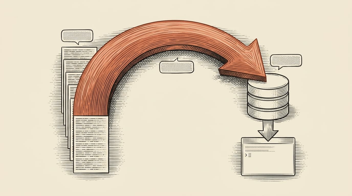 Intaglio engraving on cream paper: a stack of horizontal JSONL transcript files on the left, each with small tag rectangles labeled turns, tool calls, decisions. A terracotta arrow curves from the top of the stack into a labeled box on the right marked LEARNINGS DB. A single learning row glows above the box and feeds back into a fresh terminal session at the bottom of the frame, closing the loop.