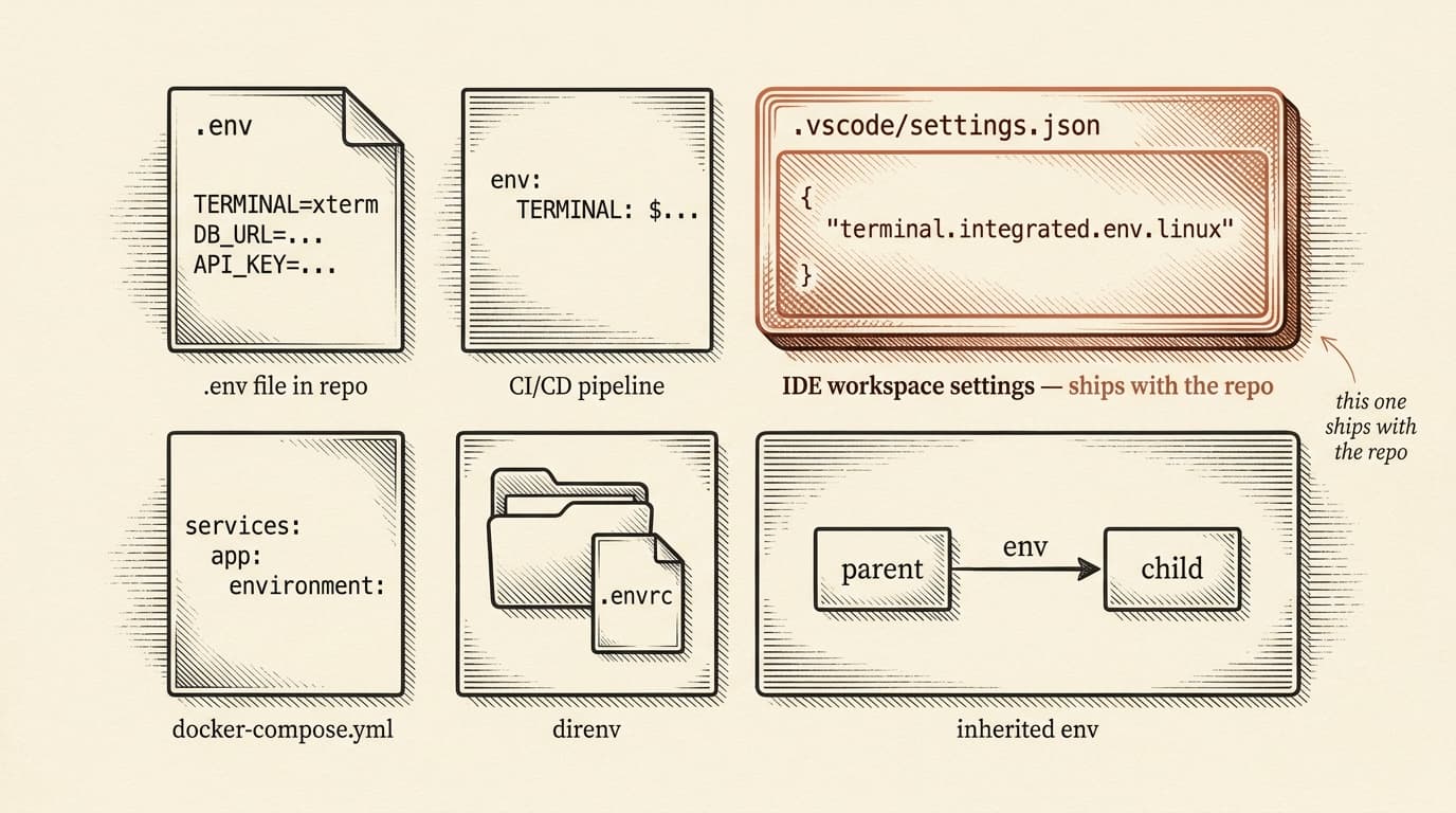 Intaglio engraving. A 2x3 grid of six labeled tiles on cream paper, each tile a small concrete object. Top row: a folder icon with '.env' typed across it, a CI/CD pipeline YAML snippet showing 'env: TERMINAL: $...', a JSON config card labeled 'terminal.integrated.env.linux'. Bottom row: a docker-compose.yml fragment with an 'environment:' block, a folder icon with '.envrc' labeled direnv, a process tree showing 'parent → child' inheriting env. The IDE workspace settings tile is rendered in terracotta as the focal element with annotation reading 'this one ships with the repo'. The other five are monochrome dark ink. Fine engraved line work throughout, no decorative borders.