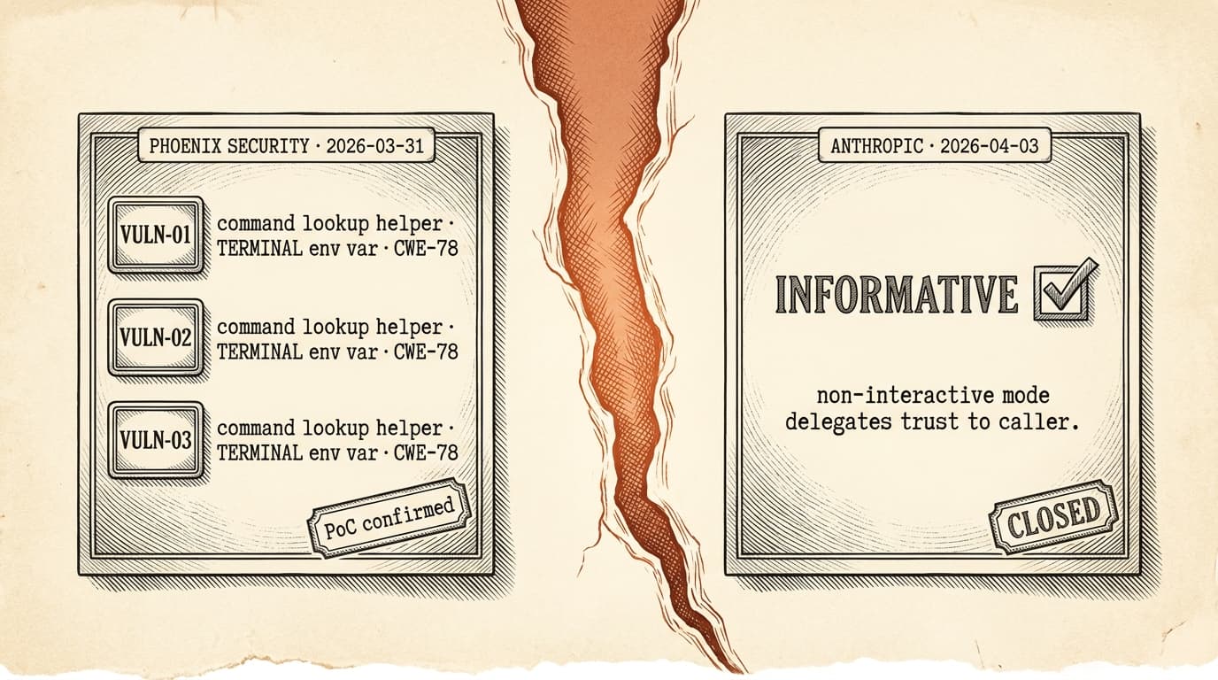 Intaglio engraving on cream paper. Two panels side by side, separated by a vertical jagged terracotta line down the middle. Left panel labeled 'Phoenix Security · 2026-03-31' shows a stylized advisory ticket with three bullet rows tagged VULN-01, VULN-02, VULN-03, all marked CWE-78. Right panel labeled 'Anthropic · 2026-04-03' shows a support response card with the status field 'Informative' rendered in terracotta and a smaller line below reading 'by design'. The terracotta crack between the two panels is the focal element.