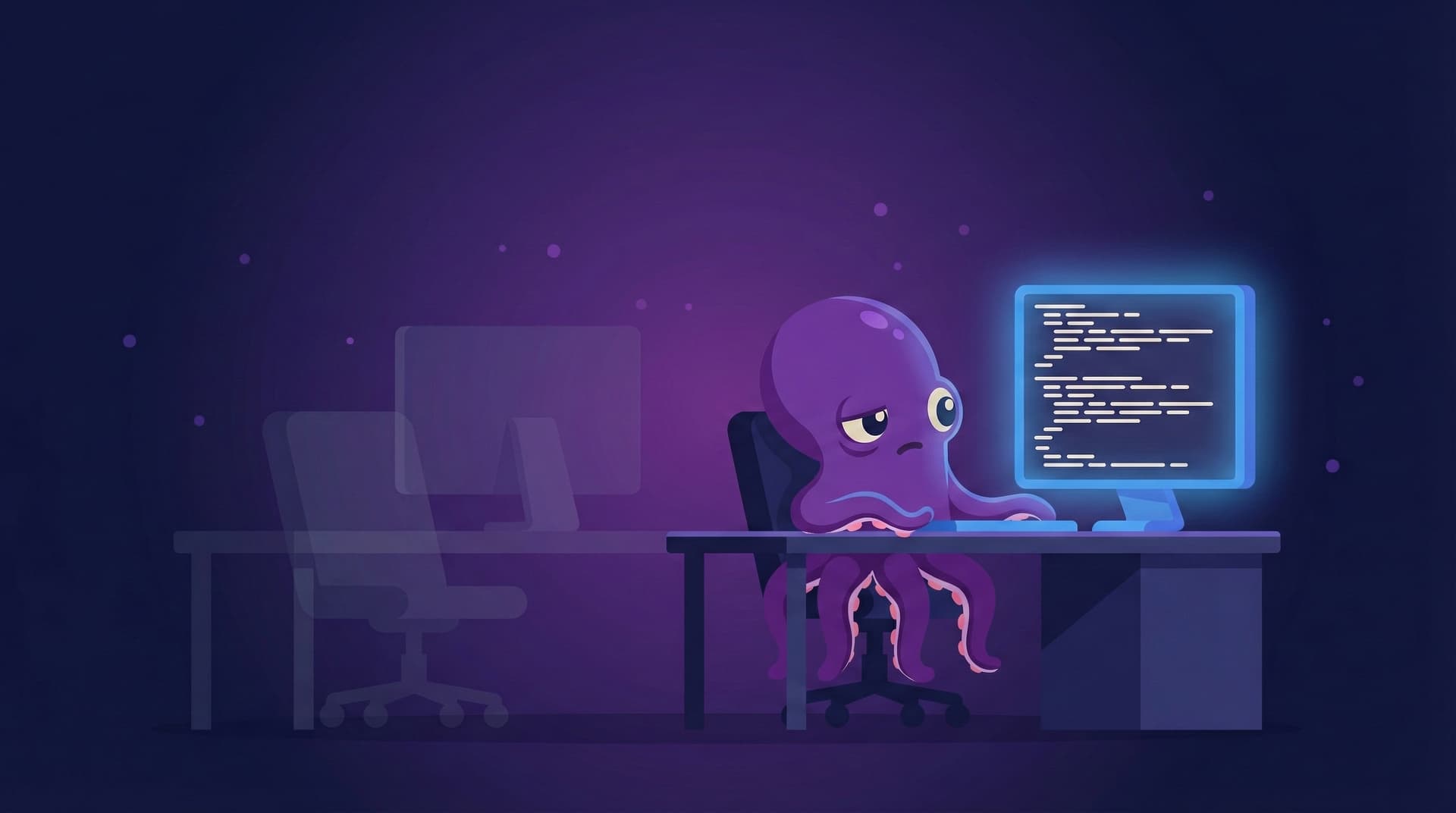 A purple octopus alone at a desk in an empty office, staring at a glowing code review screen — the last reviewer standing