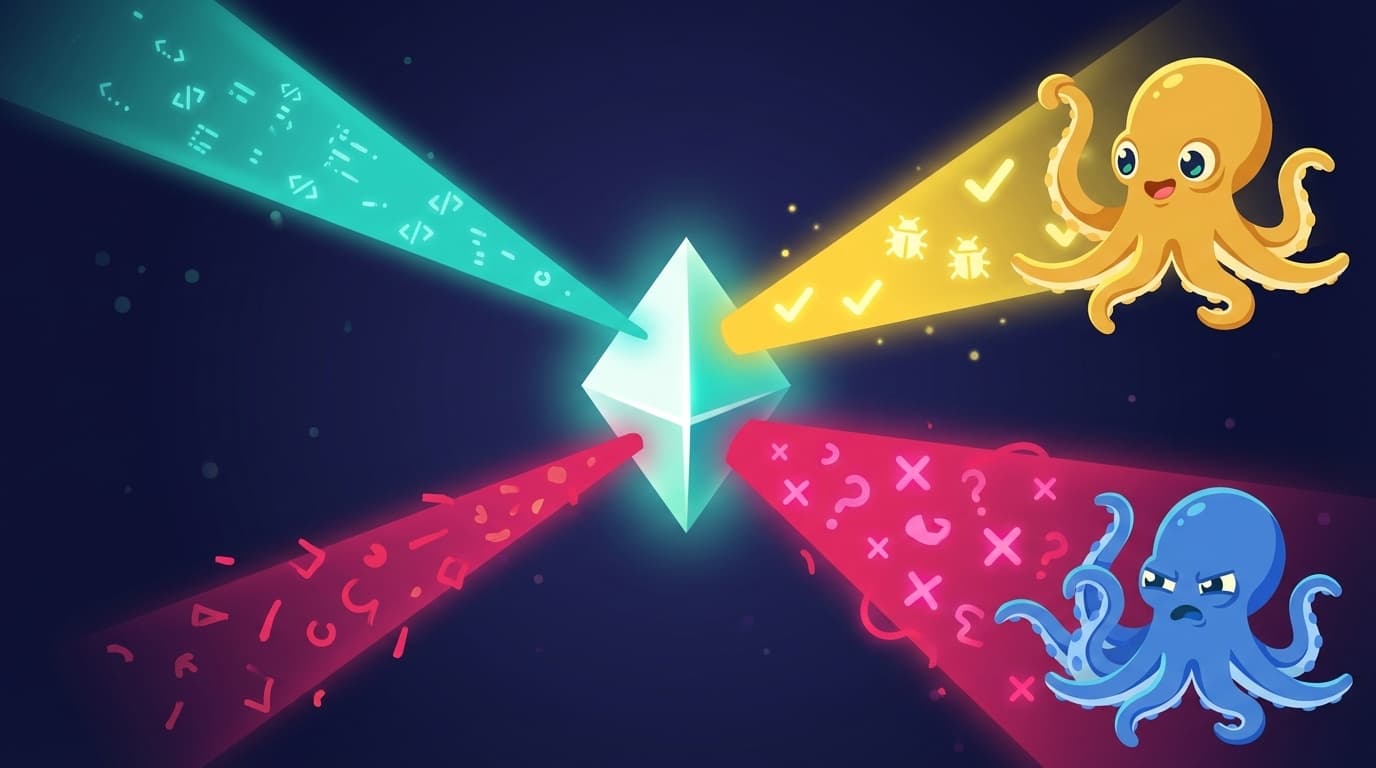 Two beams of light — teal code and golden bugs — converging on a prism, with a yellow octopus finding issues and a blue octopus missing them