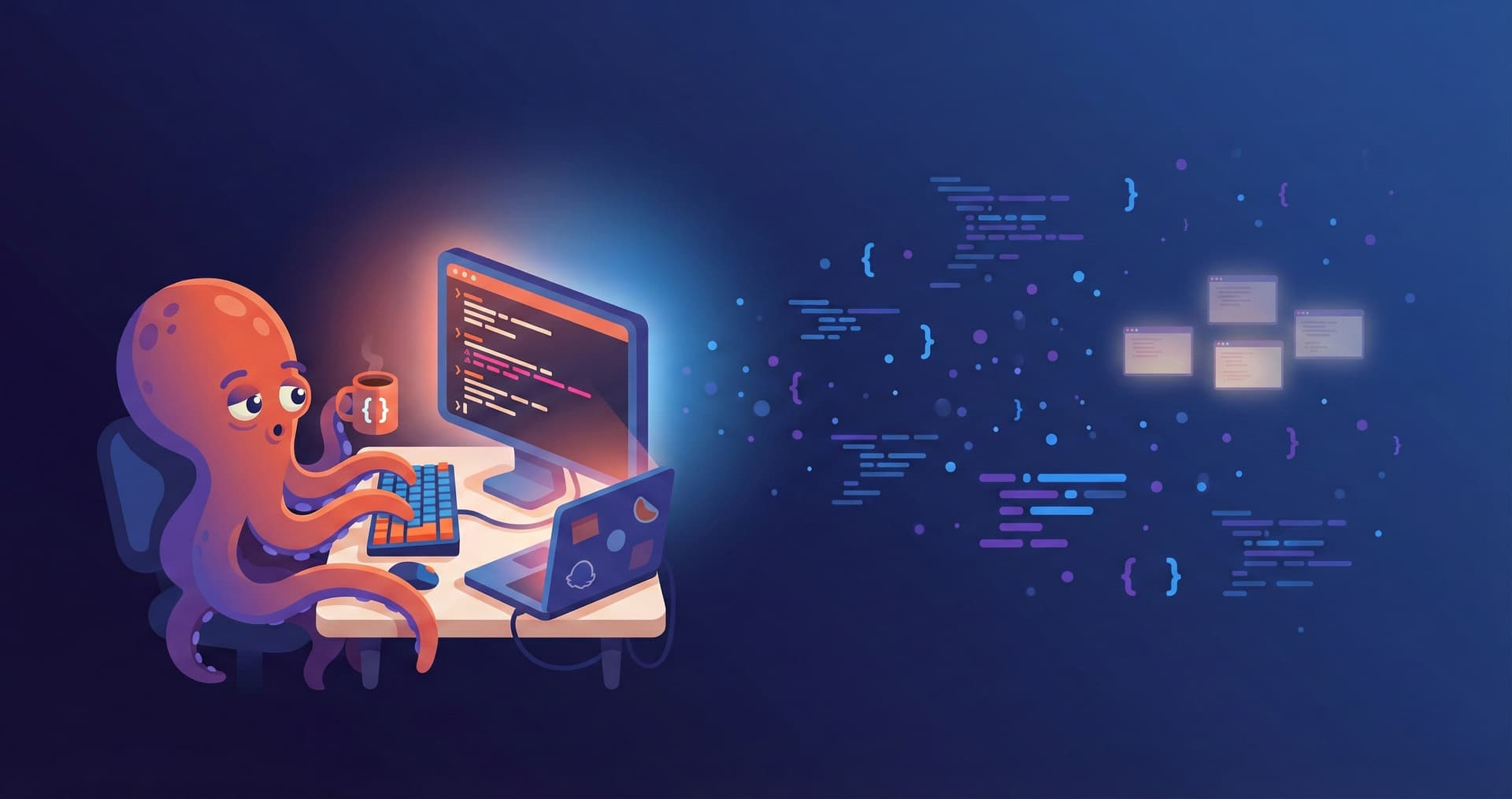 An octopus at a desk, reading inherited code alone in a vast dark space — a single monitor's glow the only light