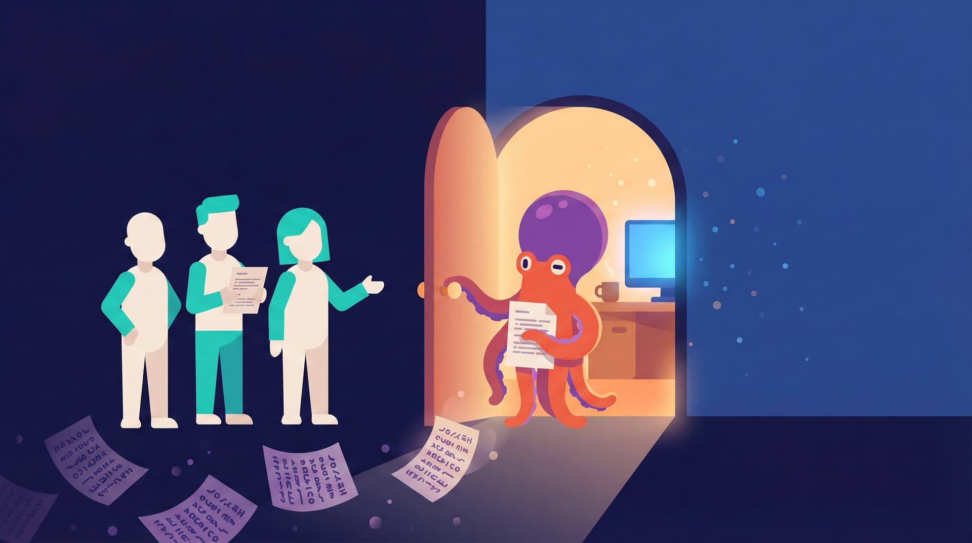 An octopus at a doorway between a dark space of scattered test scripts and a warmly lit workspace — handing readable documents to people on the other side