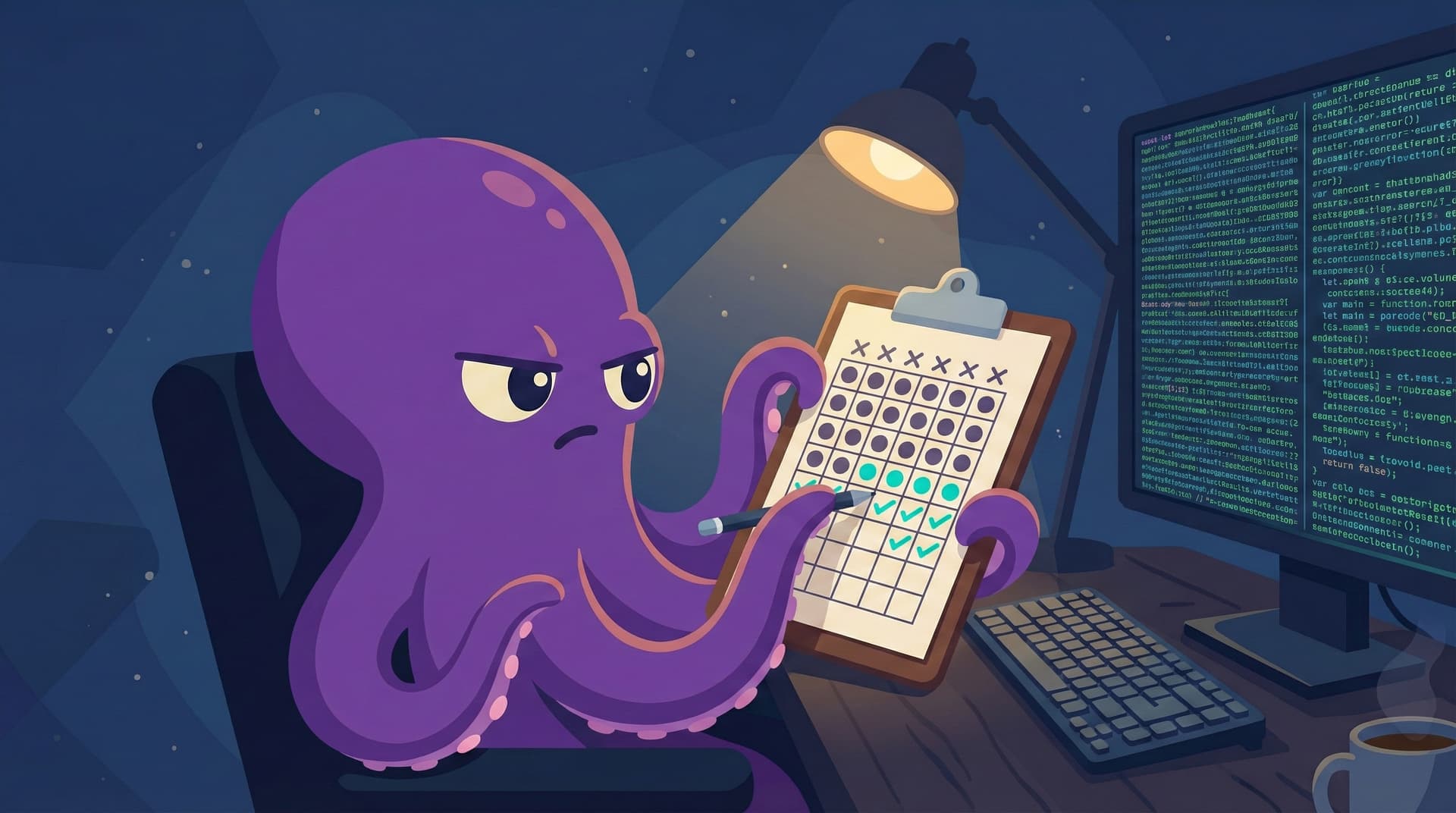 A purple octopus holding a clipboard with a checklist, marking scores next to a monitor full of code — auditing its own understanding