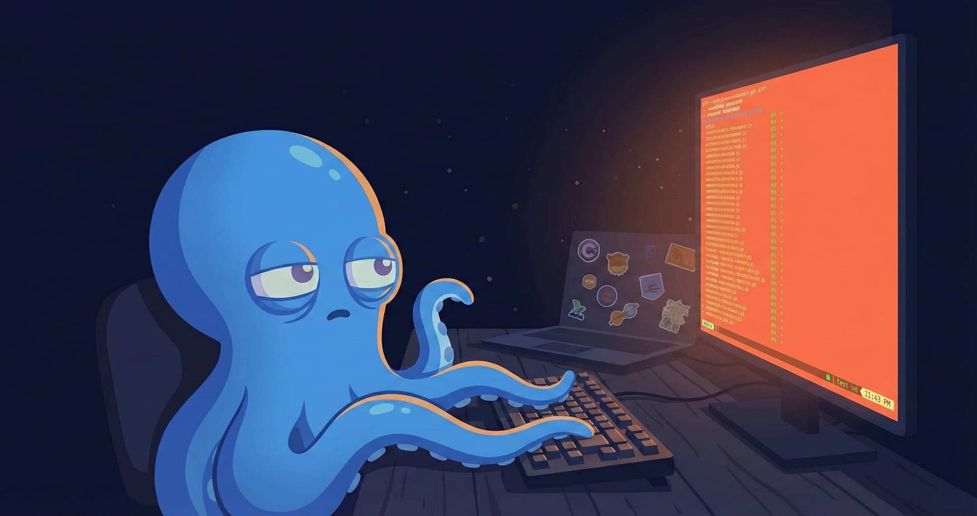 A blue octopus slumped at a desk, staring blankly at an orange-glowing screen — the exhaustion of hitting the three-hour ceiling