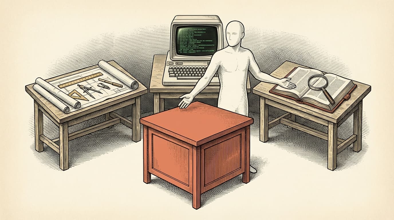 Intaglio engraving of three specialist workbenches — blueprints, keyboard, magnifying glass — arranged around a terracotta dispatch table, a lone figure at the hub deciding what goes where