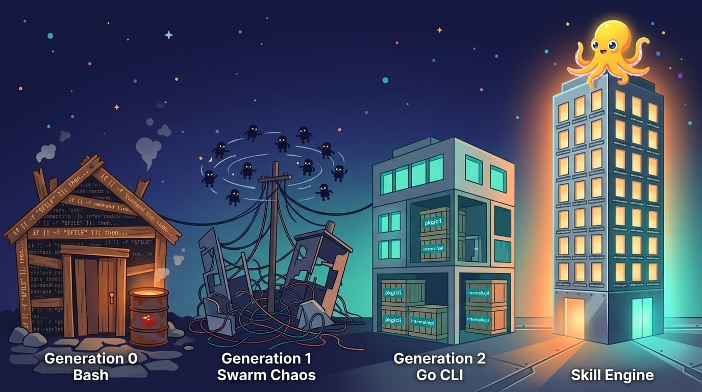 Four generations of Via architecture shown as a left-to-right progression: a bash script shack, a chaotic swarm sprawl, a clean Go CLI building, and a gleaming 40-skill tower — tiny mascot at the top looking back across 87 days of compounding work.