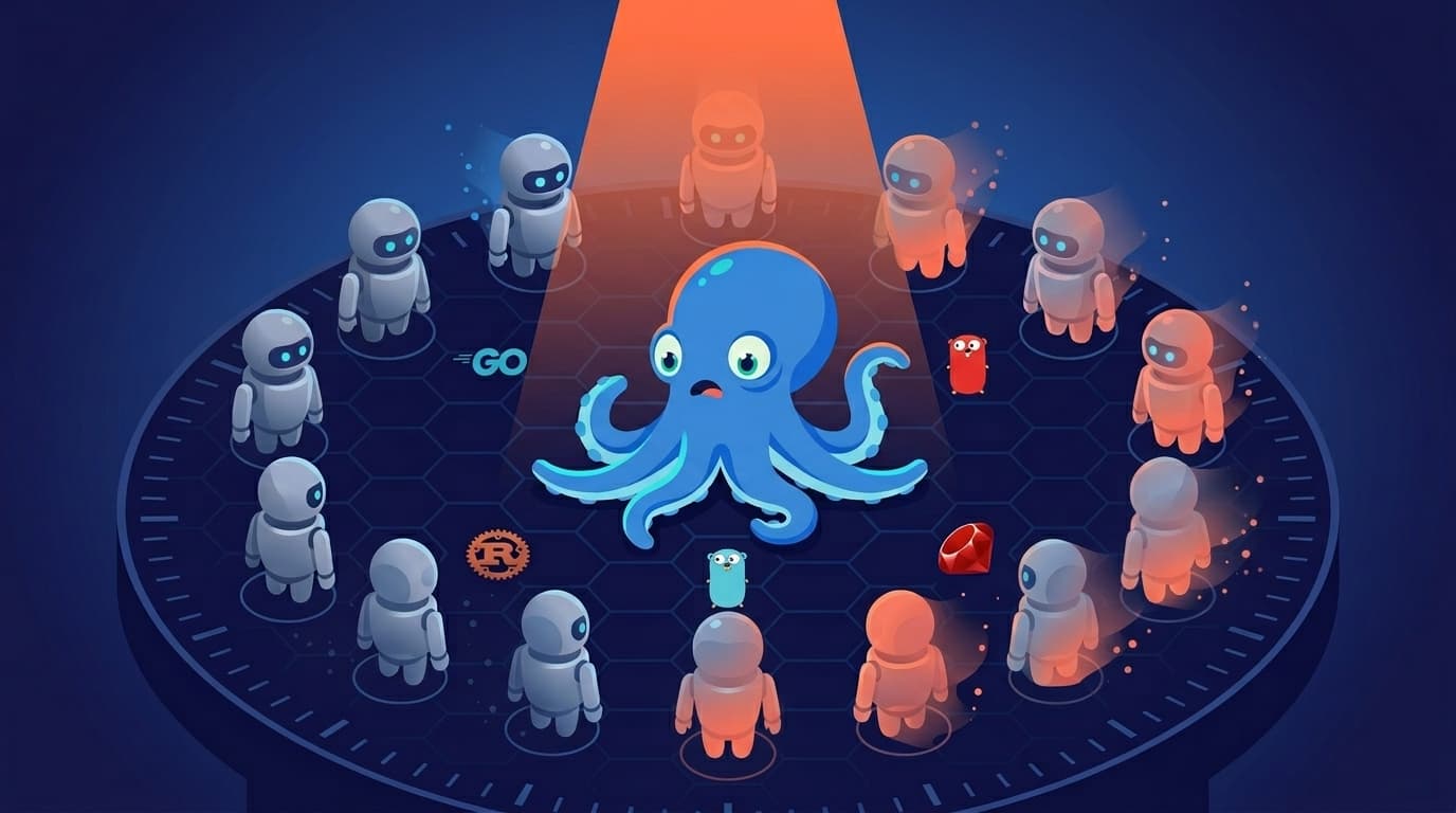 Bird's-eye view of a command table: twelve identical agent robots orbiting the mascot at center, eight already fading out mid-deletion — the moment of reckoning when 12-agent chaos contracts to 4.