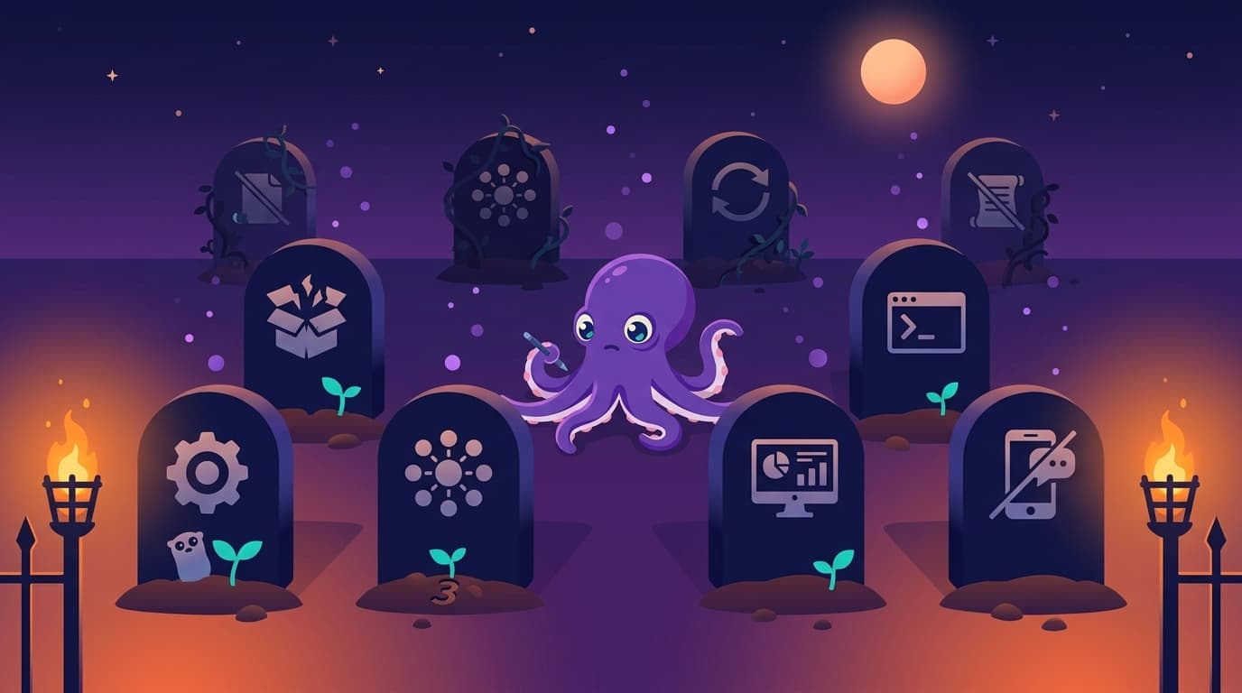 A developer graveyard at night: nine tombstones with carved icons for each failed approach — Rust gear, swarm nodes, loop arrow, broken package box — while the purple-analytical mascot takes notes, and teal sprouts grow from the graves of the best failures.