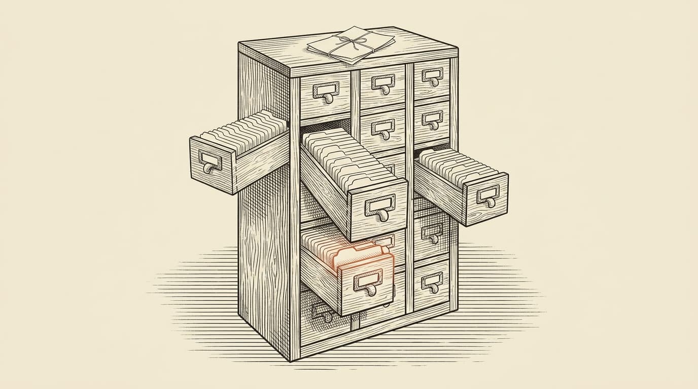 A library card catalog with three drawers pulled open, each containing a row of identical index cards. A single terracotta-colored card tab juts from a closed drawer below, the one that should have been surfaced.